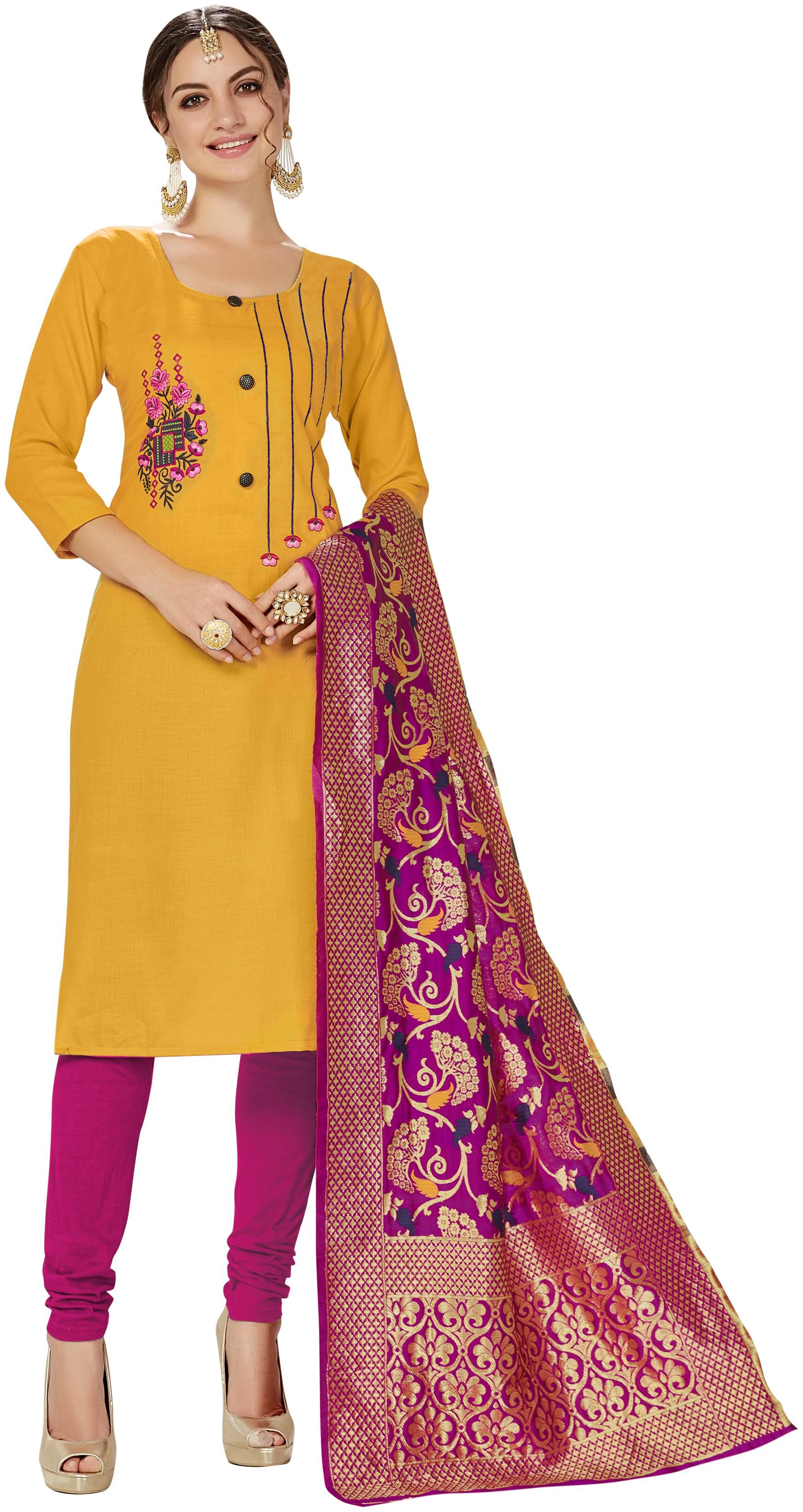 

Manvaa Women Yellow Embroidered Cotton Dress Material