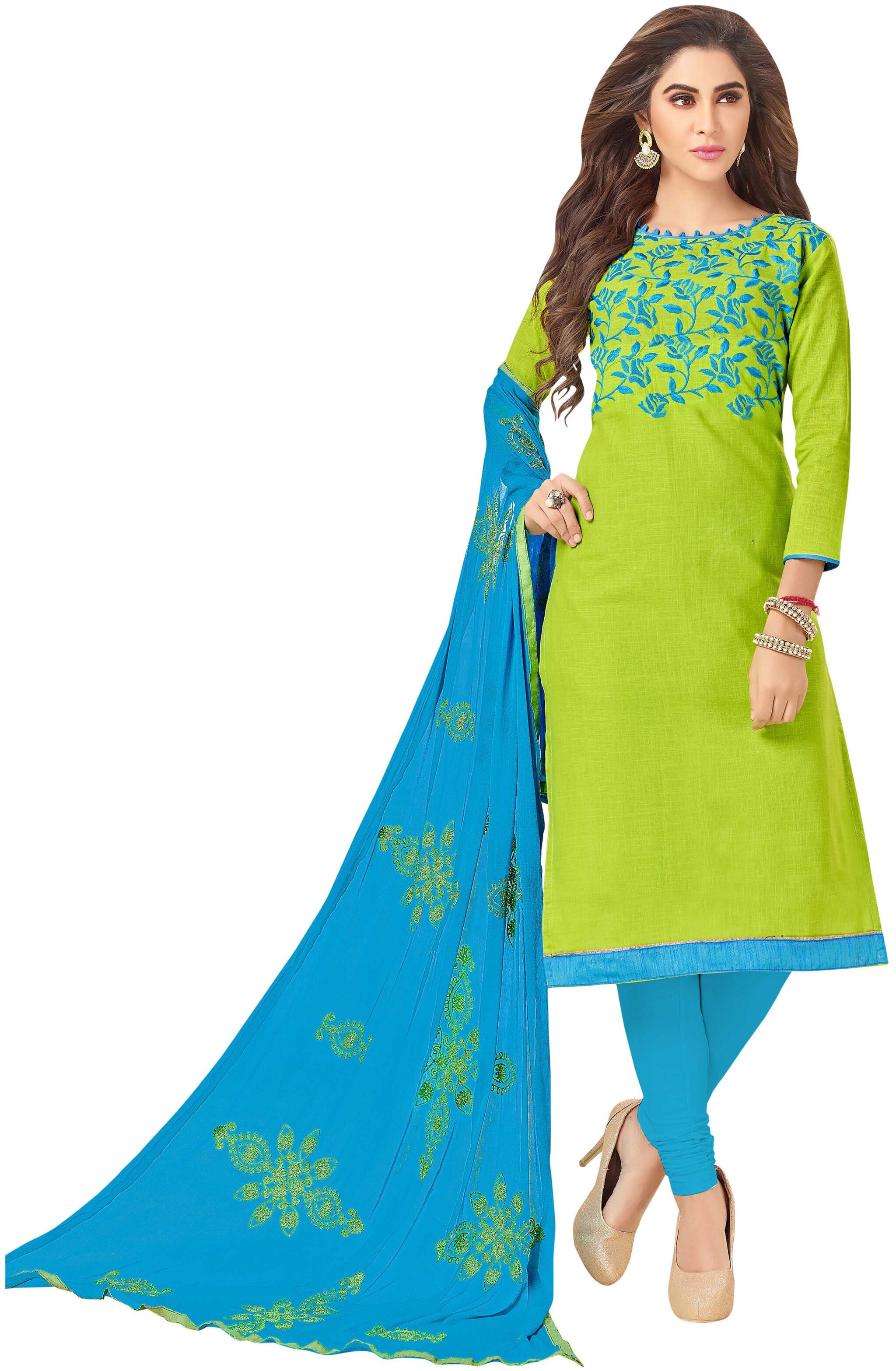 

Manvaa Women Green Embroidered Cotton Dress Material