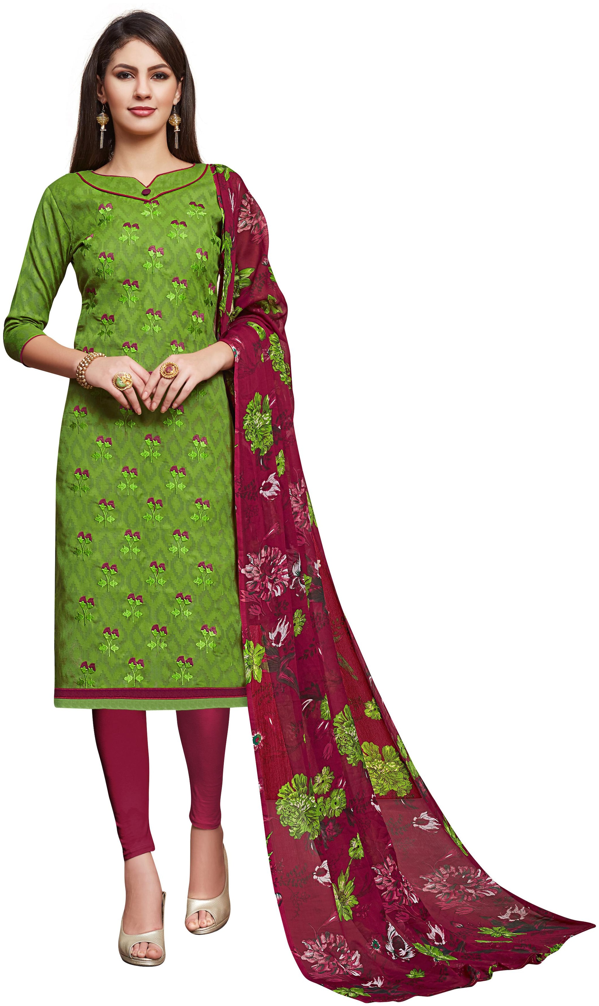 

Manvaa Women Green Embroidered Cotton Dress Material