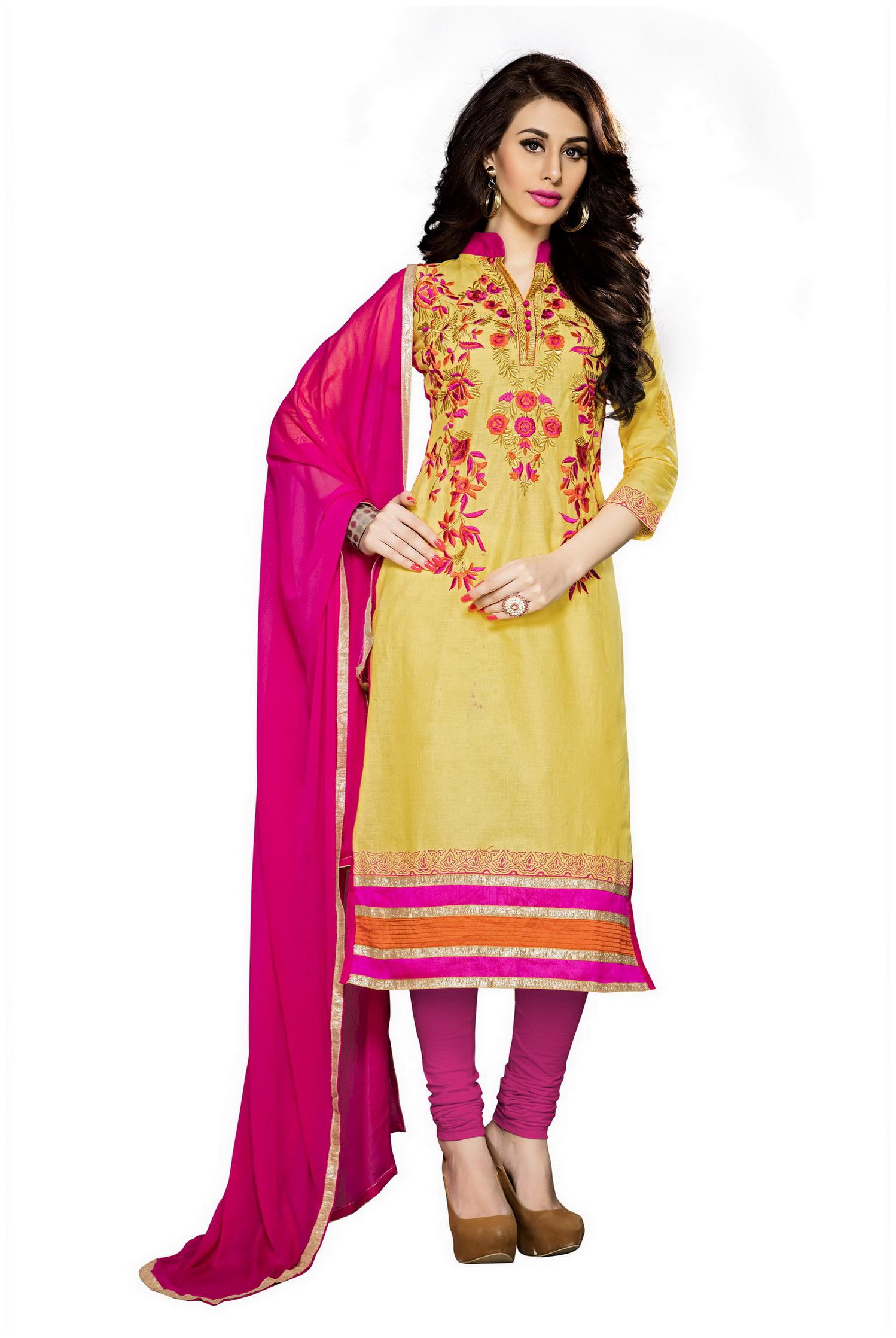 

Manvaa Women Yellow Straight Embroidered Cotton Dress Material