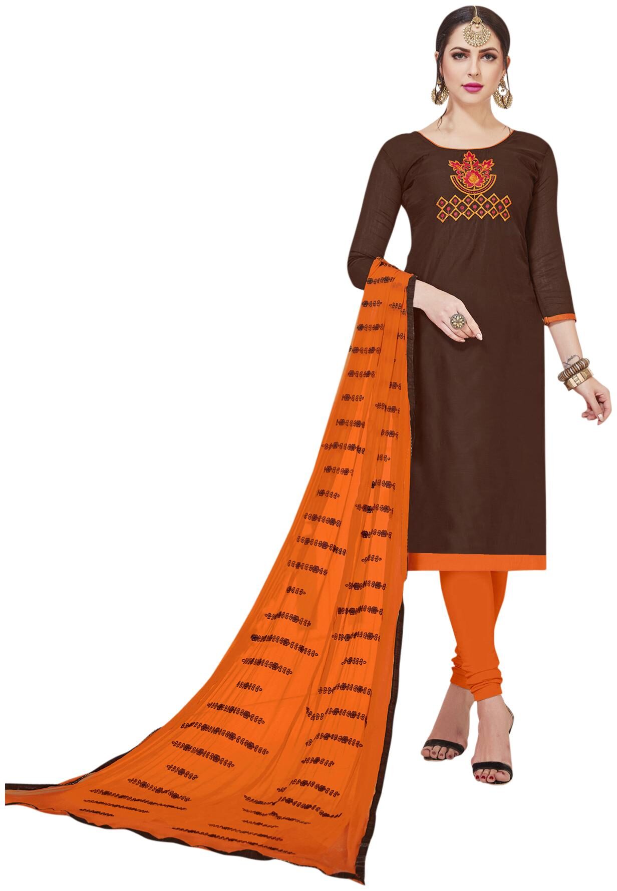 

Manvaa Women Brown Embroidered Silk Blend Dress Material