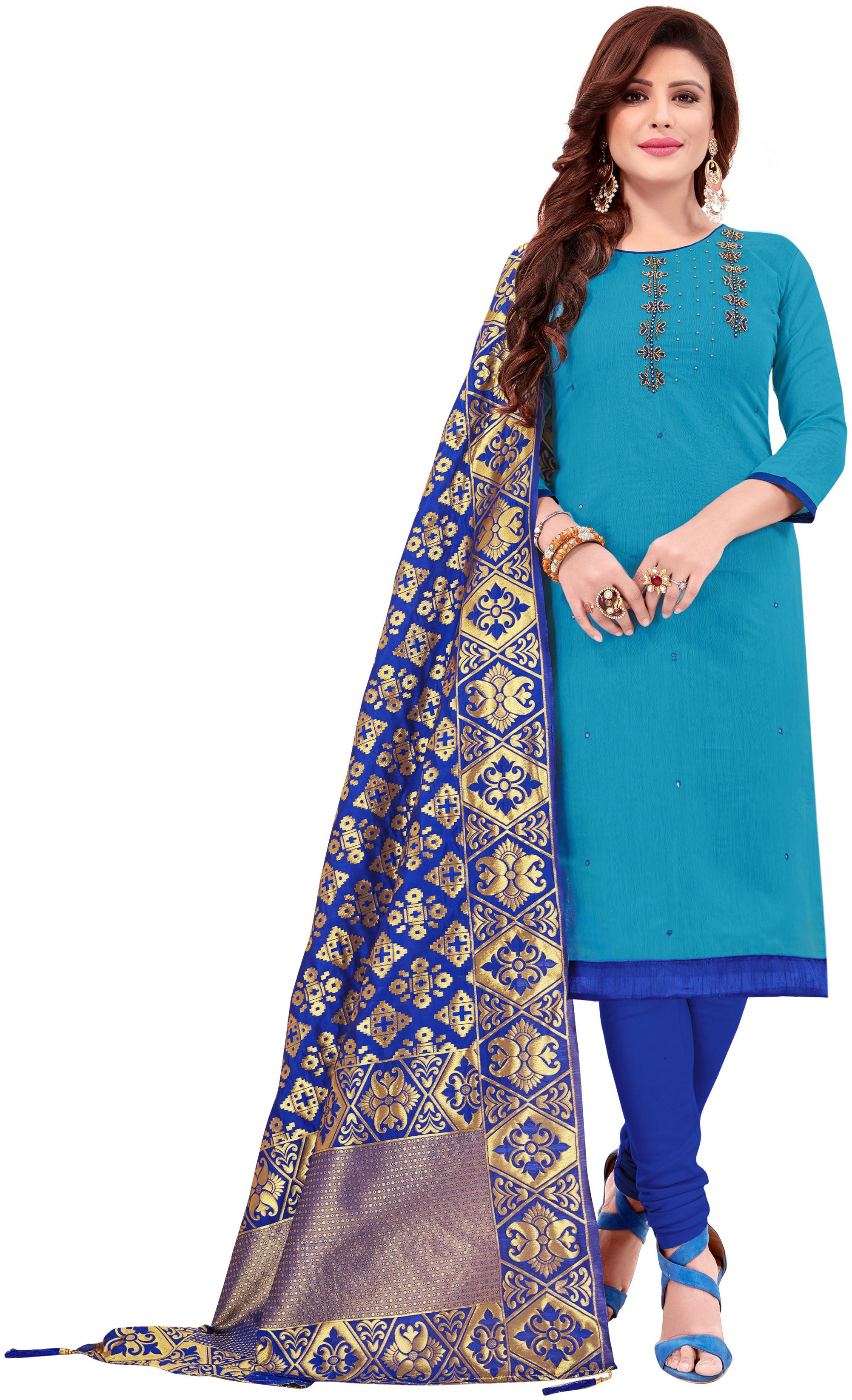 

Manvaa Women Sky Blue Embroidered Cotton Dress Material