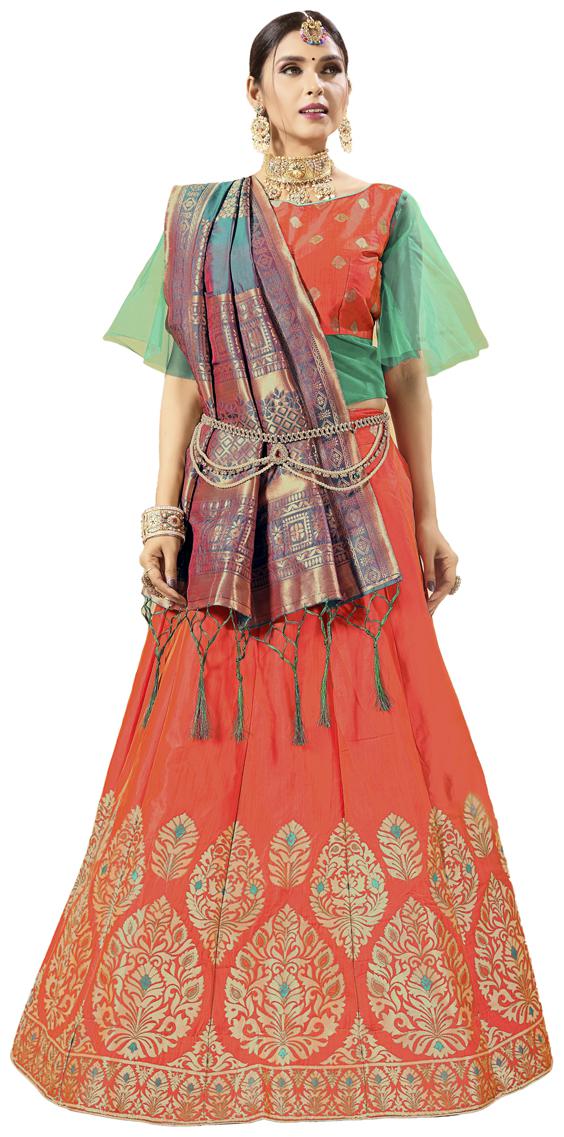 

MANVAA Women Silk Semistiched Woven Design Pink Lehenga Choli