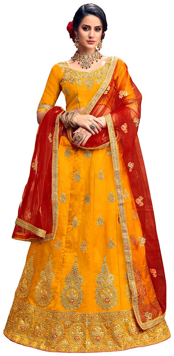 

MANVAA Women Silk Semistiched Embroidered Yellow Lehenga Choli