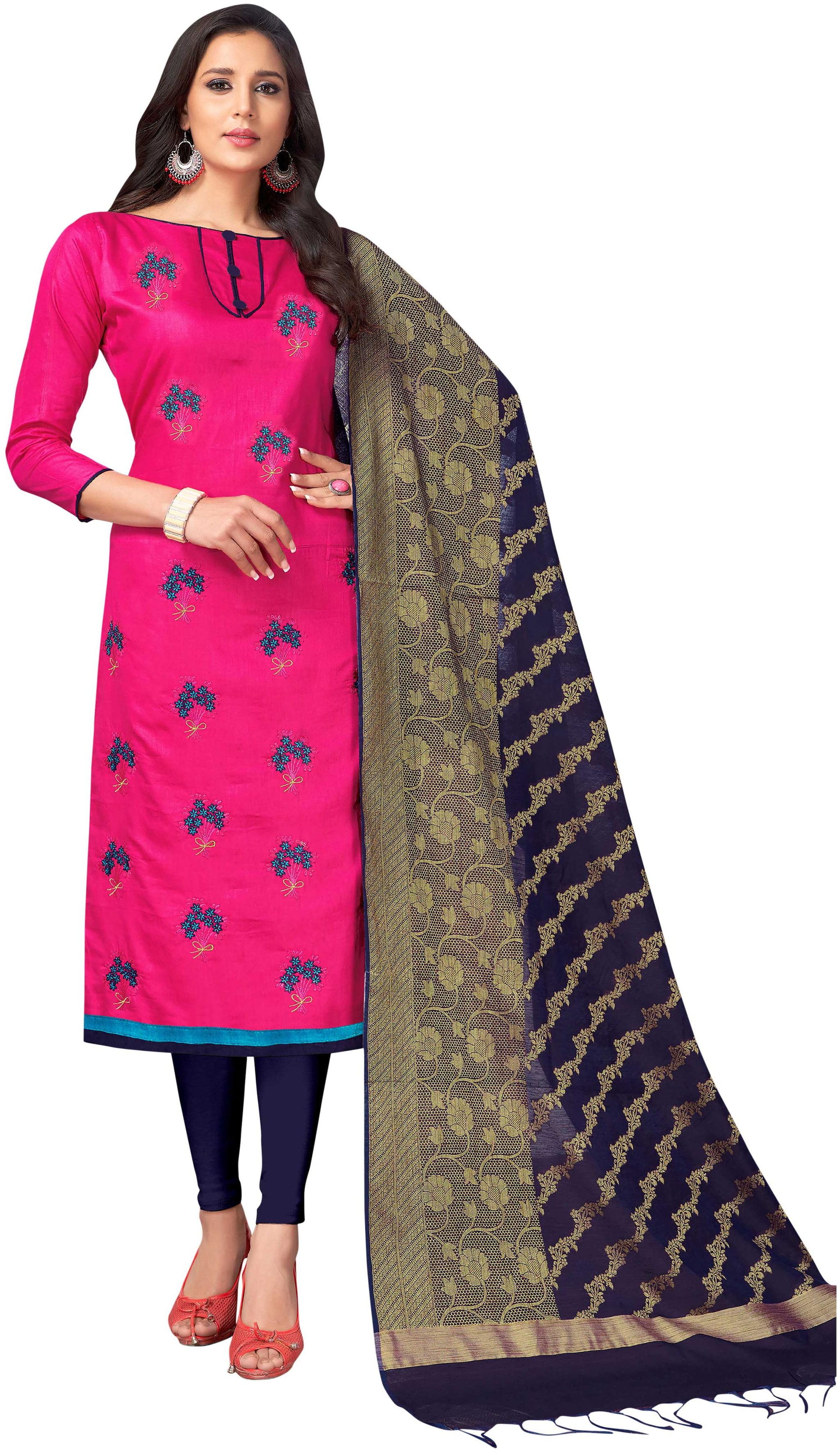 

Manvaa Women Pink Embroidered Cotton Dress Material