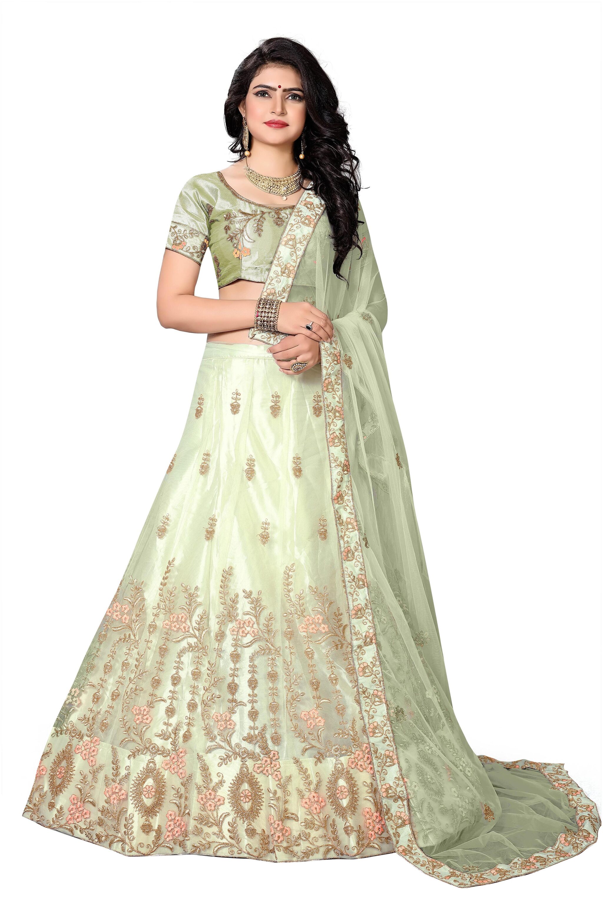 

MANVAA Women Net Semistiched Embroidered Green Lehenga Choli