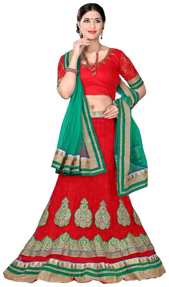 

MANVAA Women Net Semistiched Embroidered Red Lehenga Choli