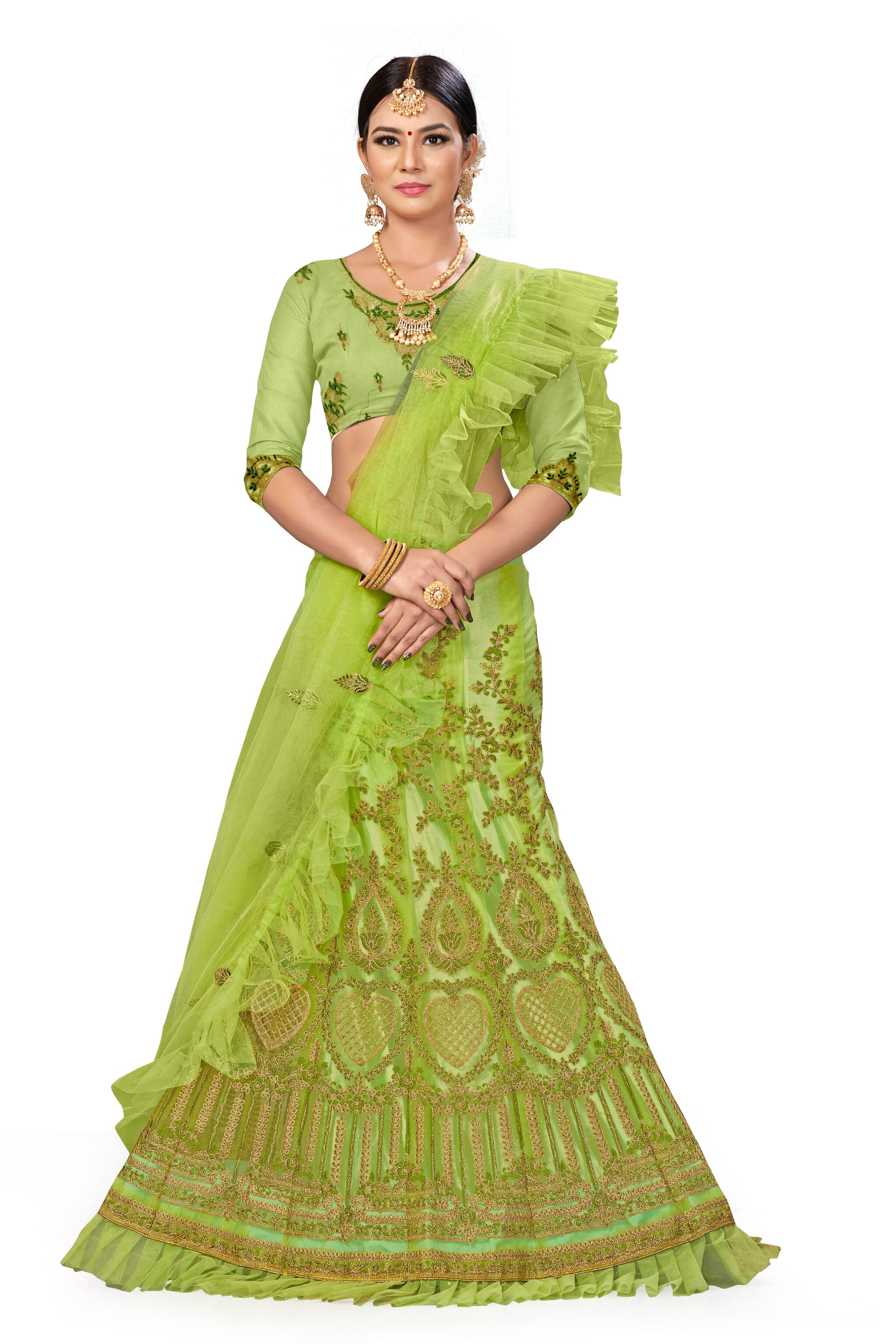 

MANVAA Women Net Embroidered Green Lehenga Choli