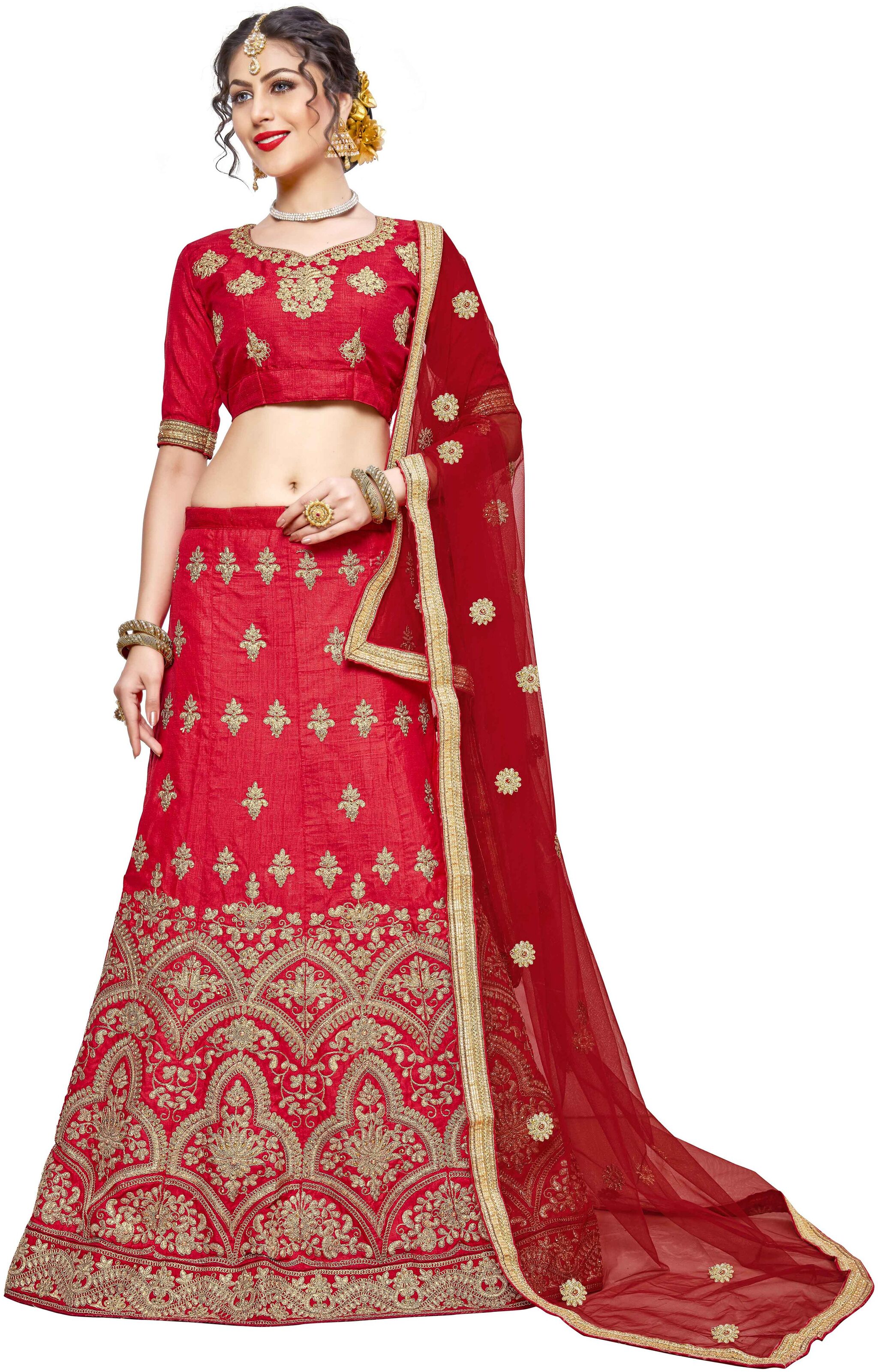 

MANVAA Women Silk Semistiched Embroidered Red Lehenga Choli