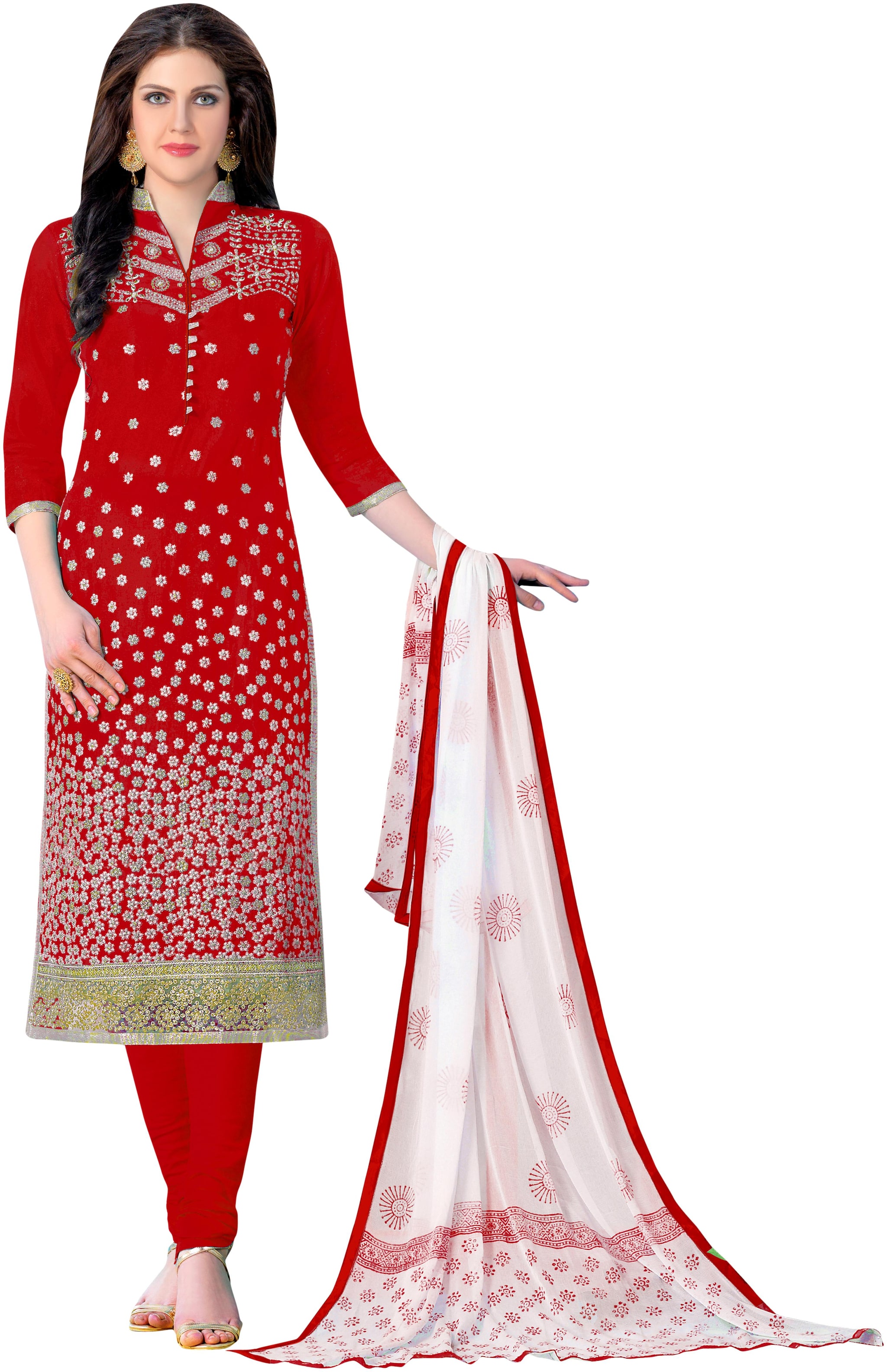 

Manvaa Women Red A Line Embroidered Cotton Dress Material
