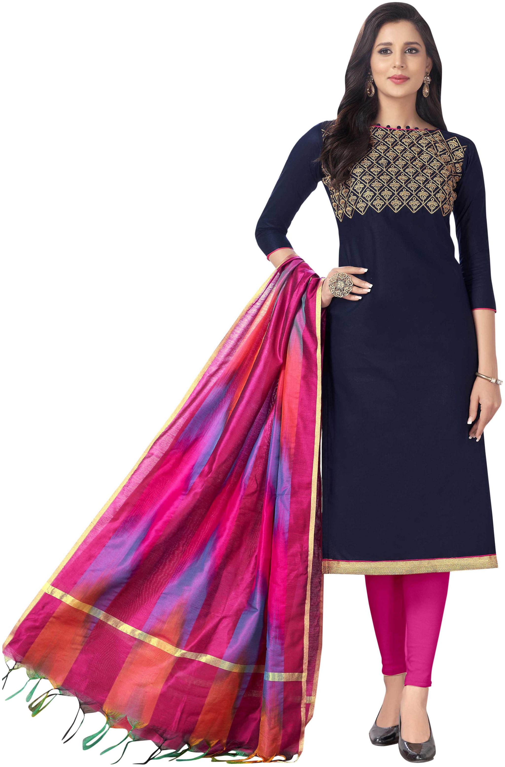 

Manvaa Women Blue Embroidered Cotton Dress Material