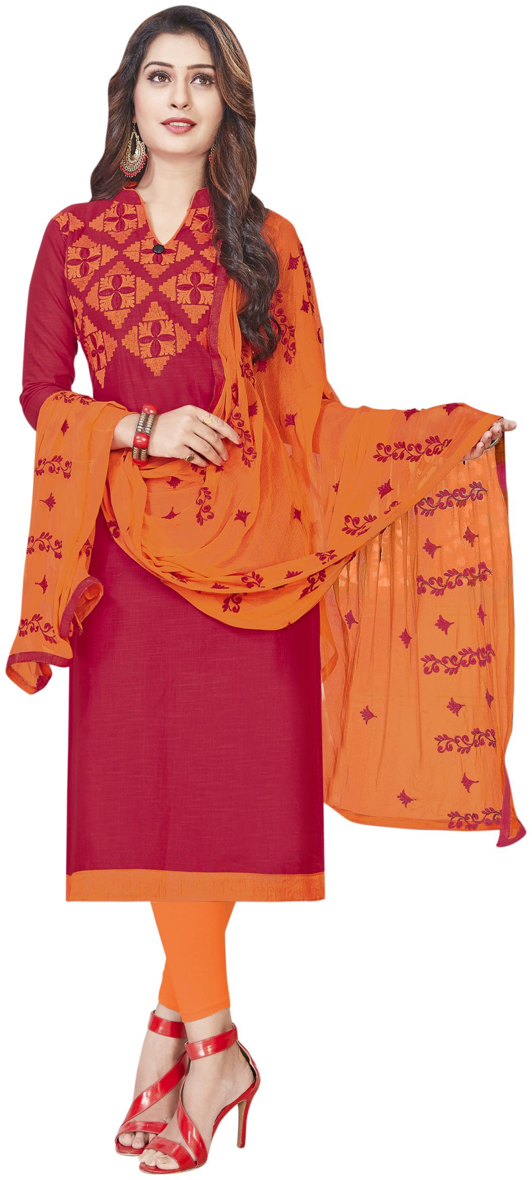 

Manvaa Women Pink Embroidered Cotton Dress Material