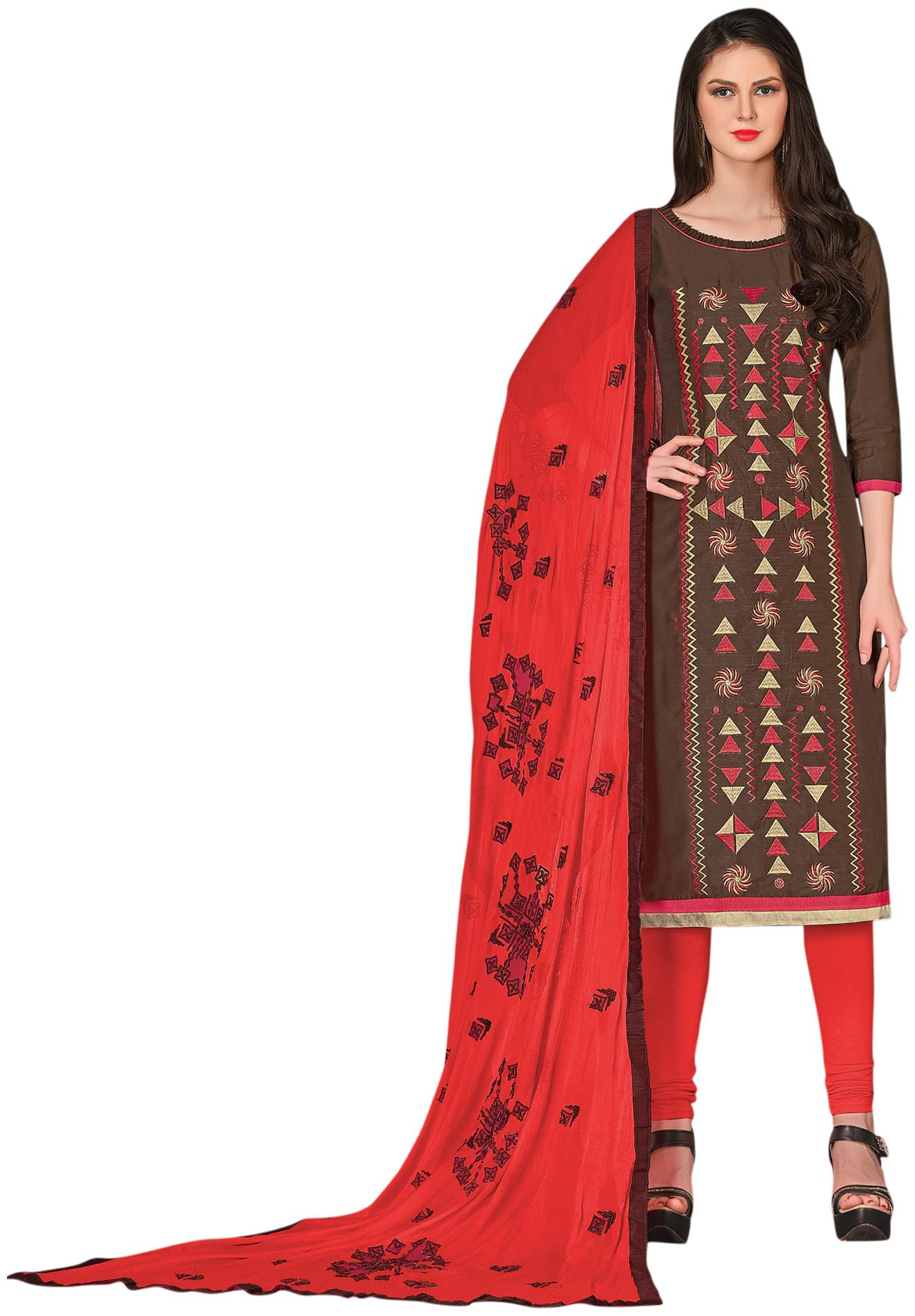 

Manvaa Women Brown Embroidered Cotton Dress Material