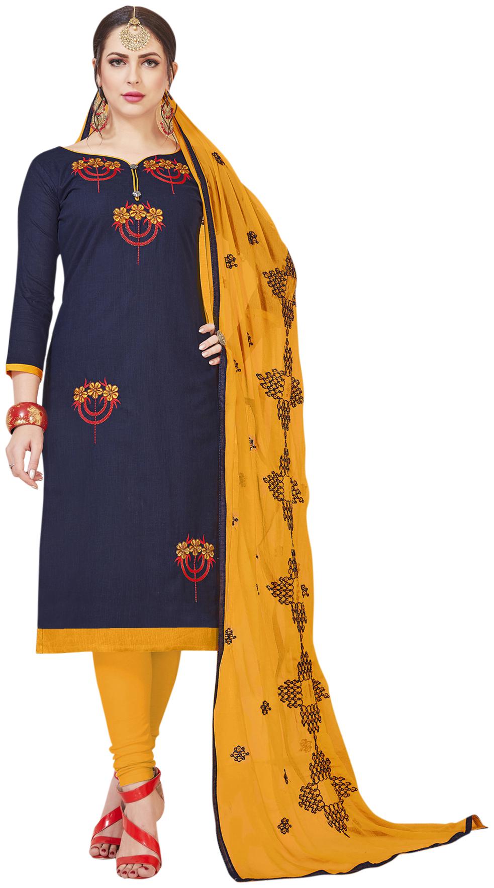 

Manvaa Women Blue Embroidered Cotton Dress Material