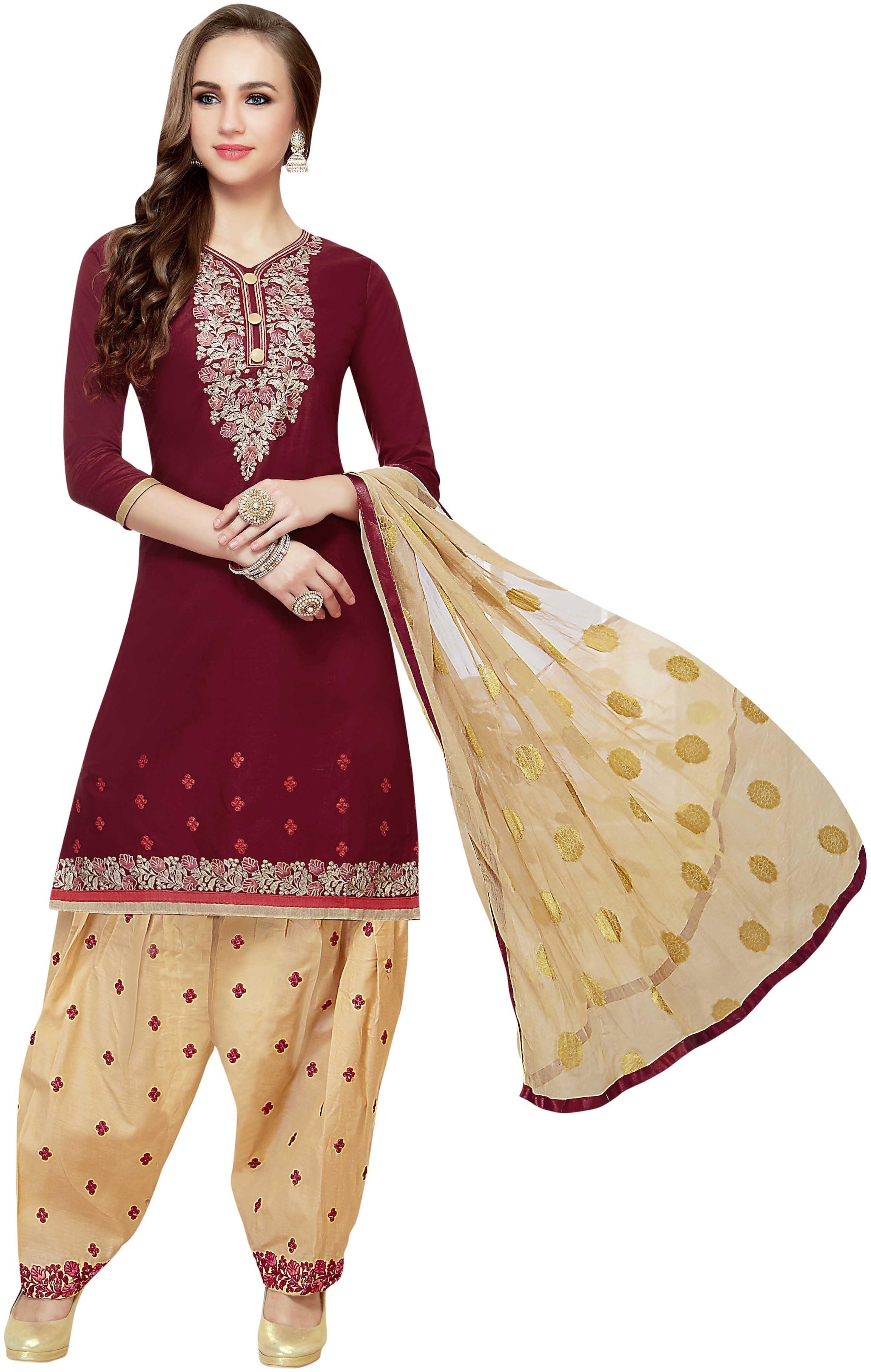 

Manvaa Women Maroon Patiyala Embroidered Cotton Dress Material