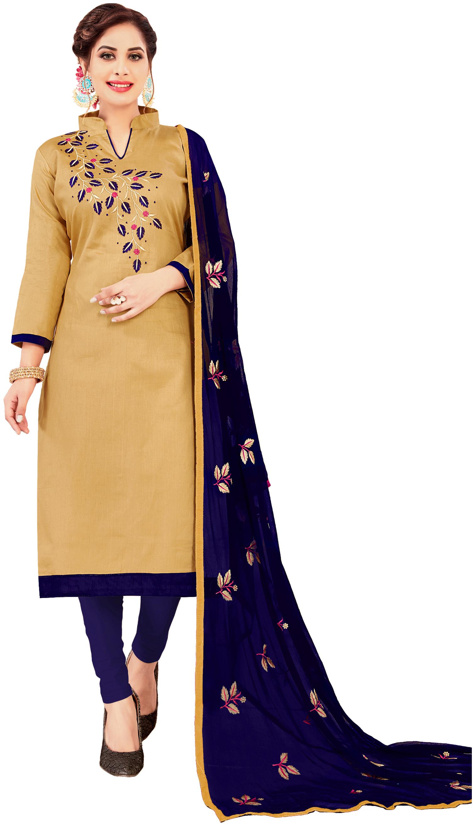 

Manvaa Women Beige Embroidered Cotton Dress Material