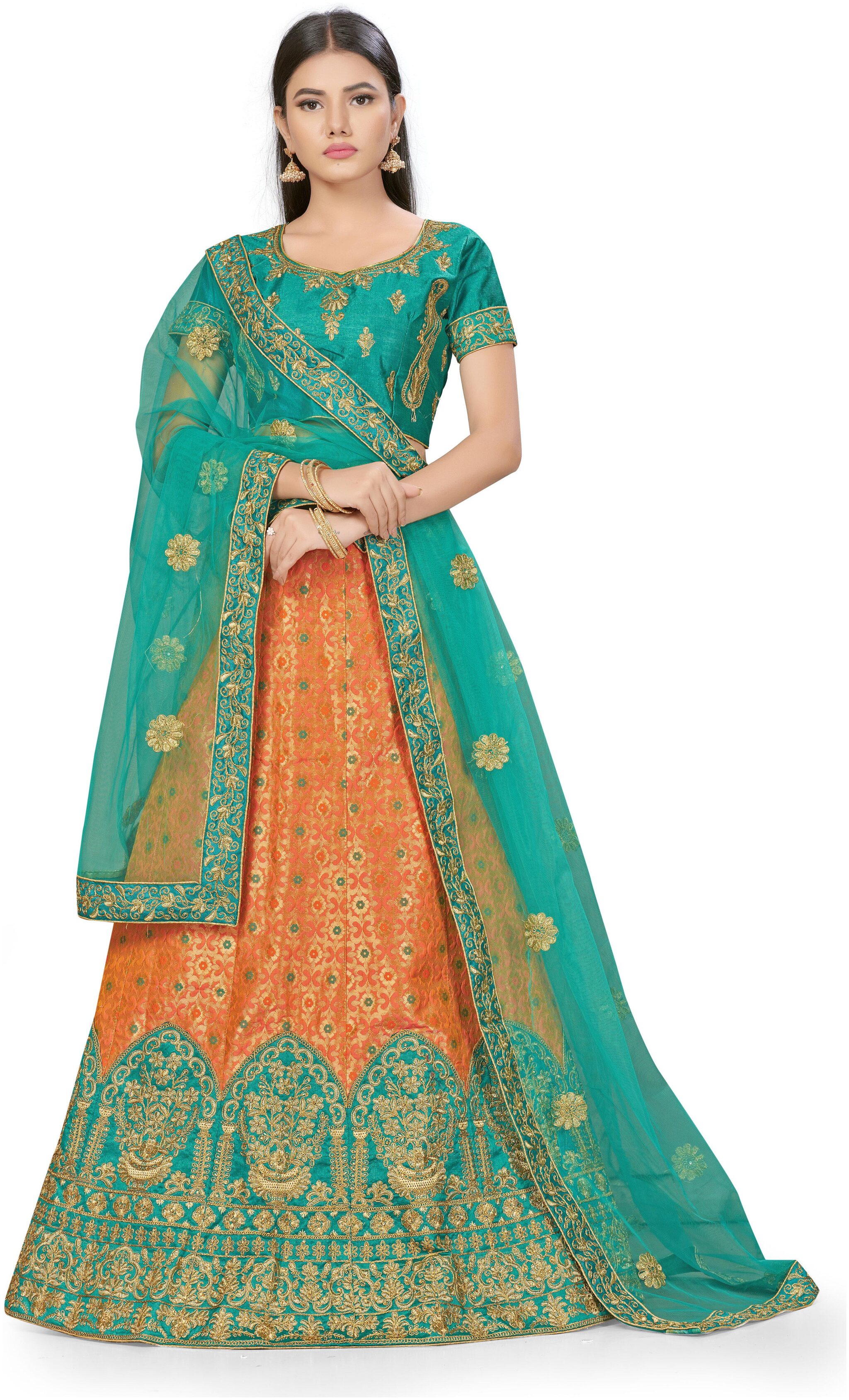 

Manvaa Women Satin Semi Stitched Lehenga Choli (Peach Turquoise)