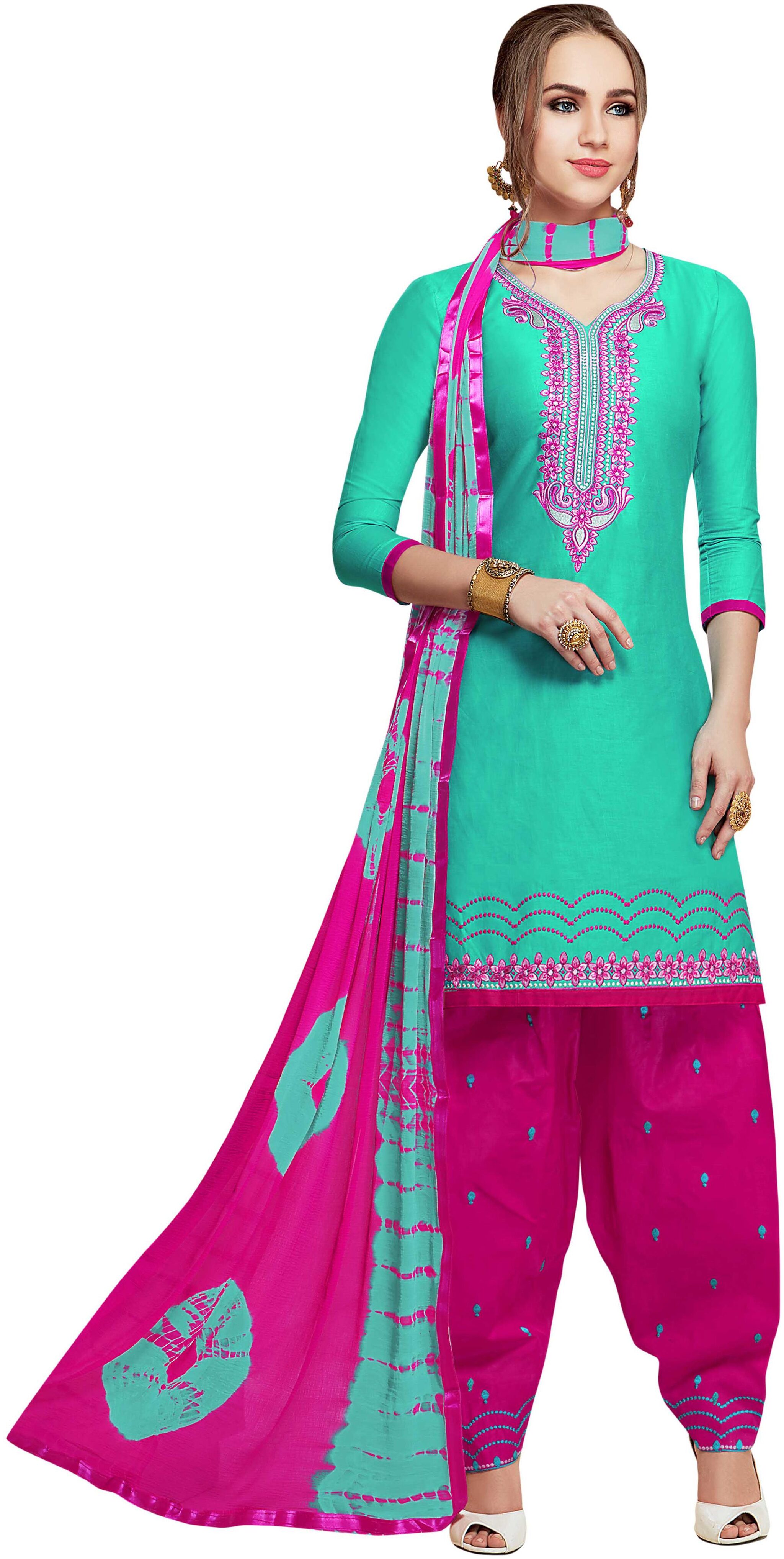 

Manvaa Women Green Patiyala Embroidered Cotton Dress Material