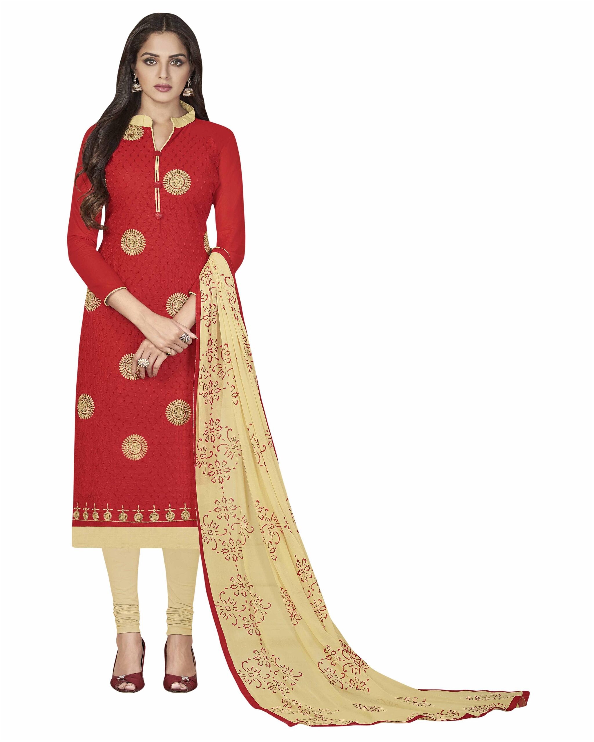 

Manvaa Women Red Embroidered Cotton Dress Material