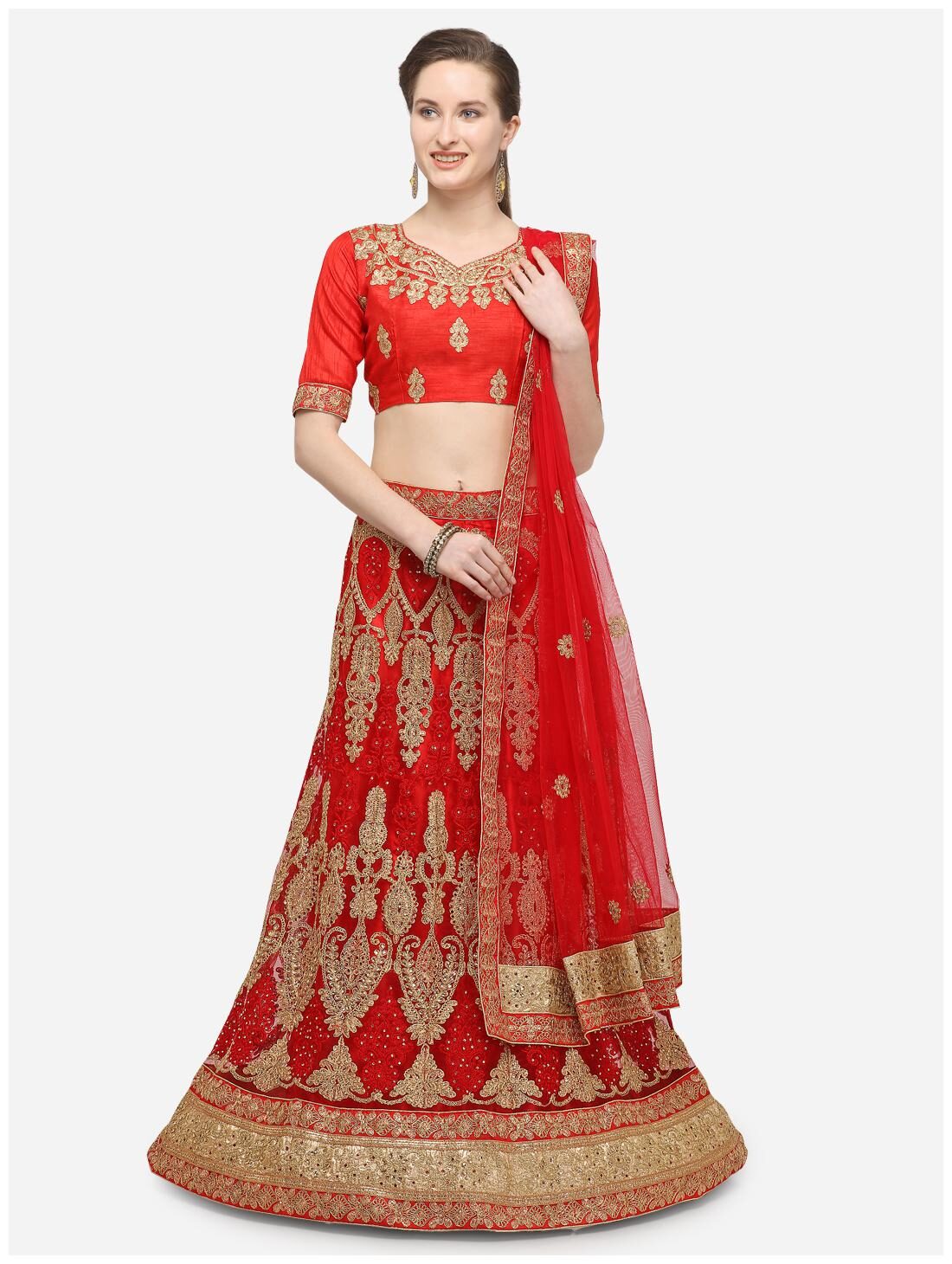 

MANVAA Women Net Semistiched Embroidered Red Lehenga Choli
