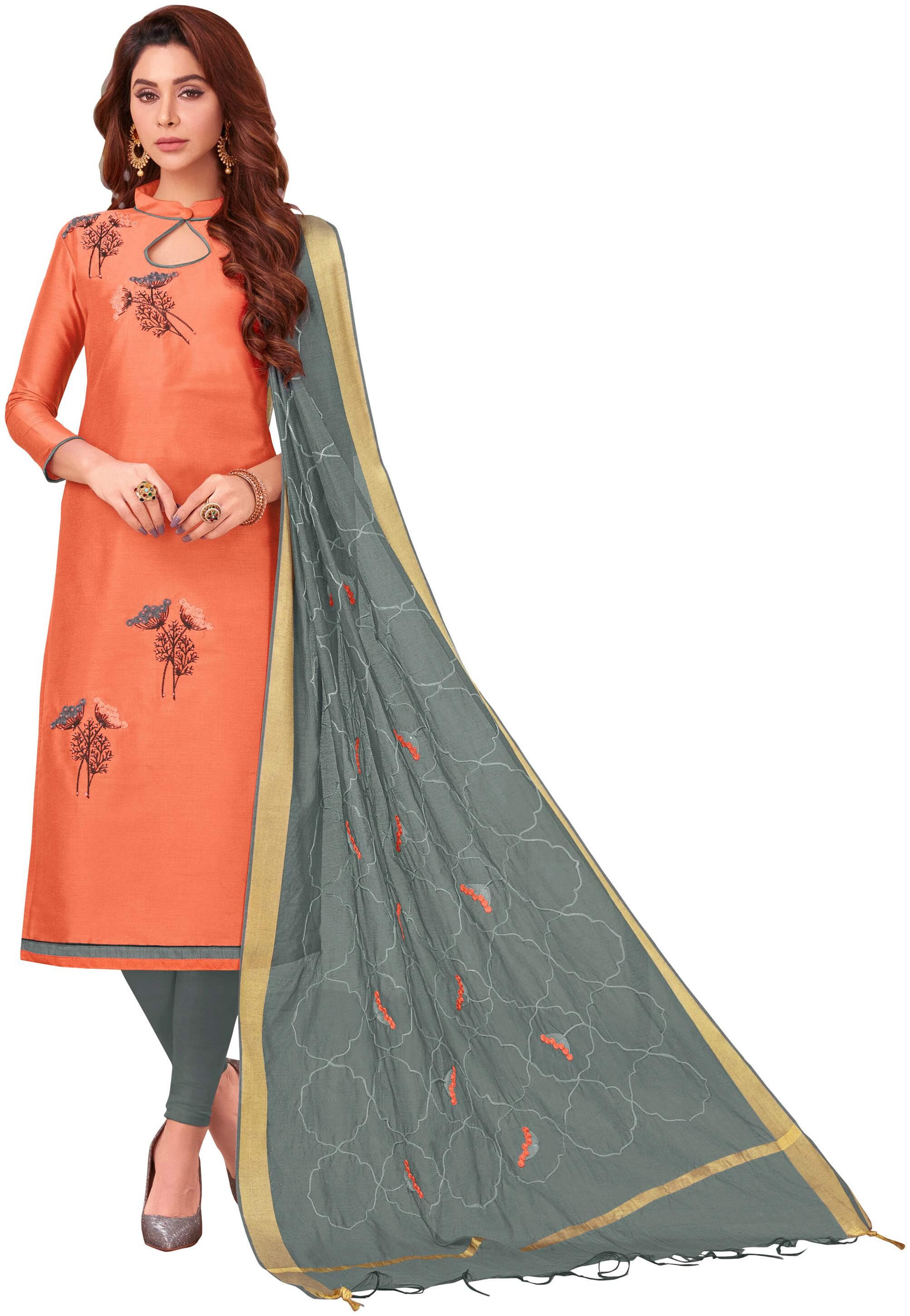 

Manvaa Women Peach Embroidered Cotton Dress Material