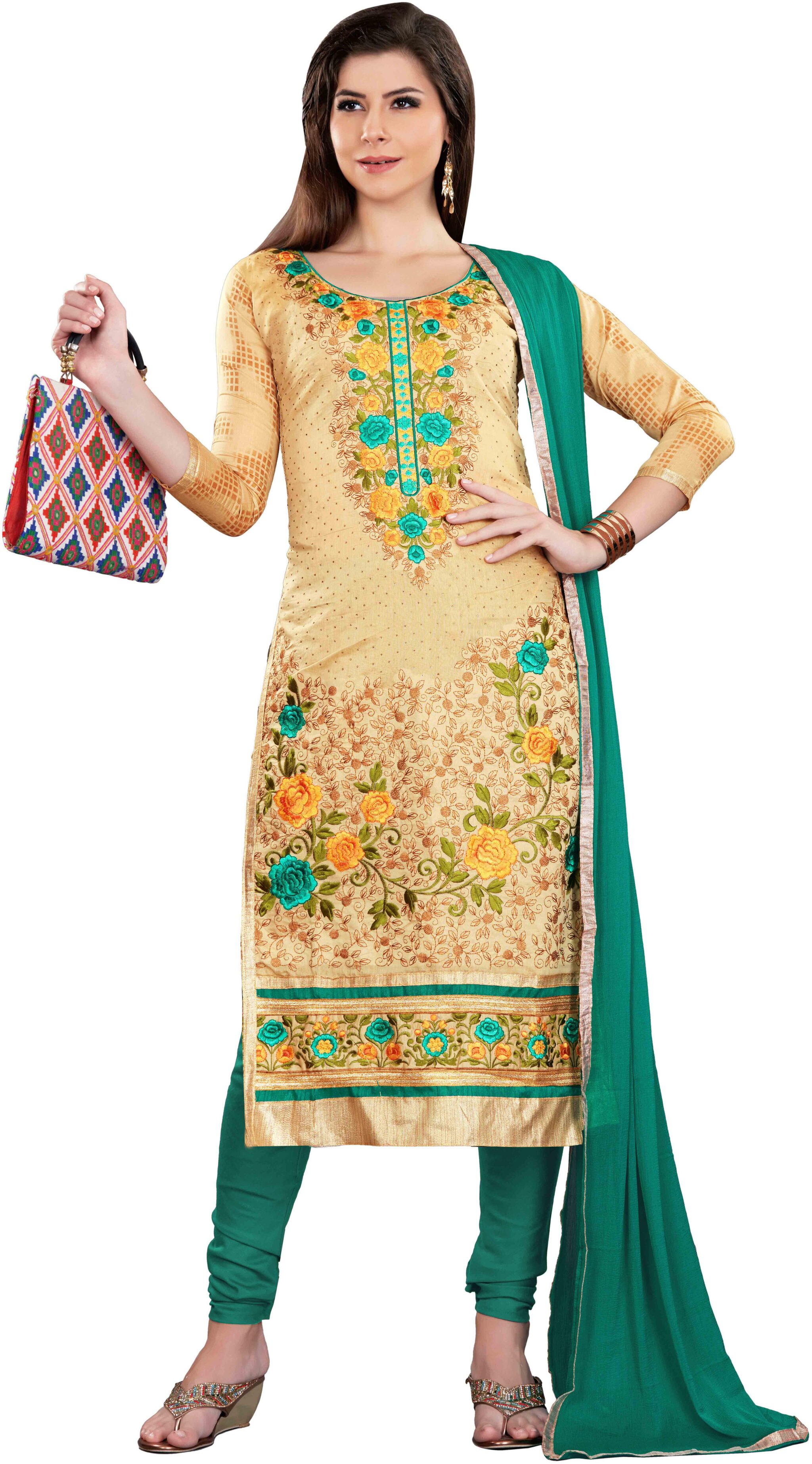 

Manvaa Women Beige Embroidered Cotton Dress Material