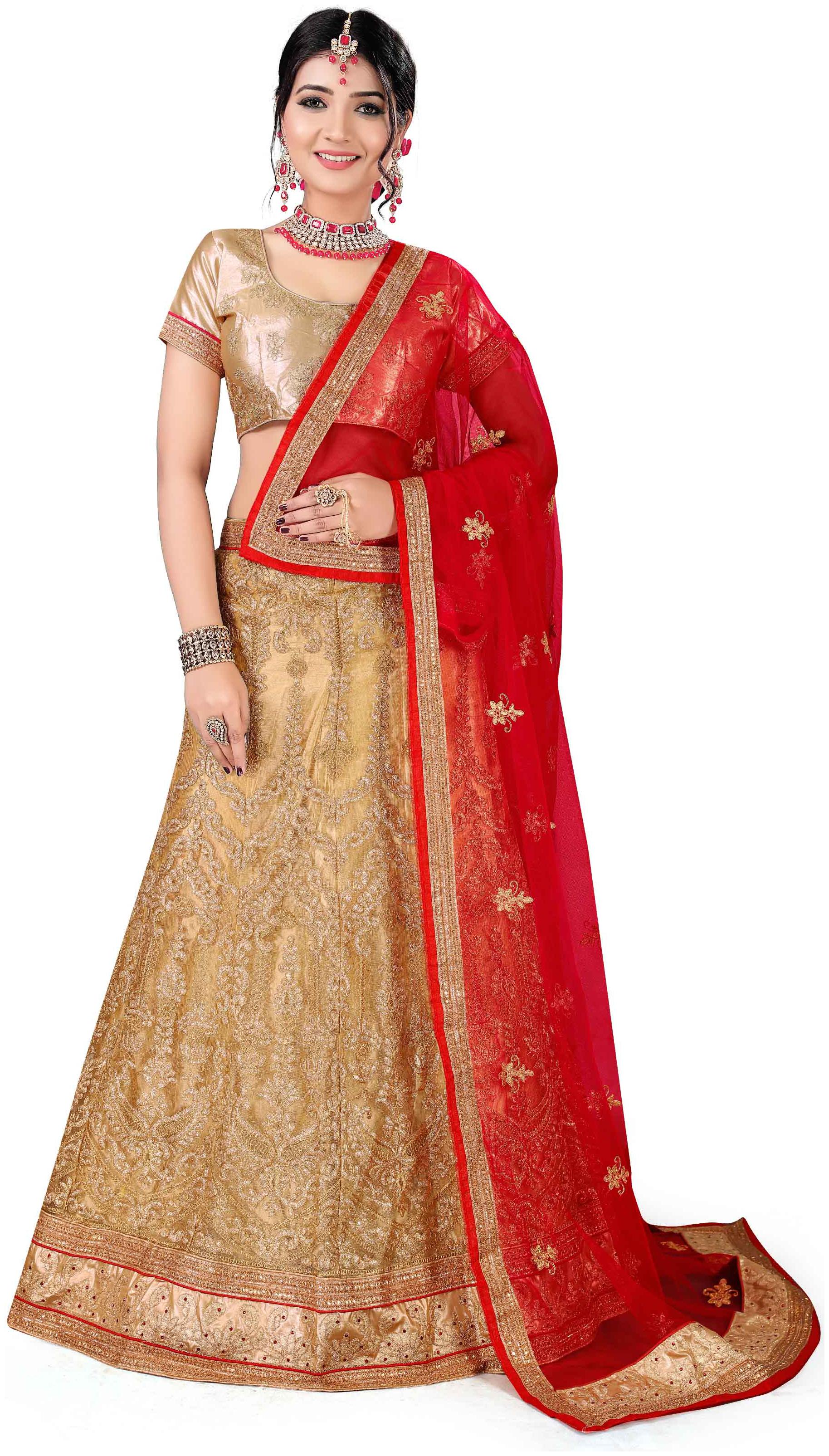 

MANVAA Women Net Semistiched Embroidered Beige Lehenga Choli