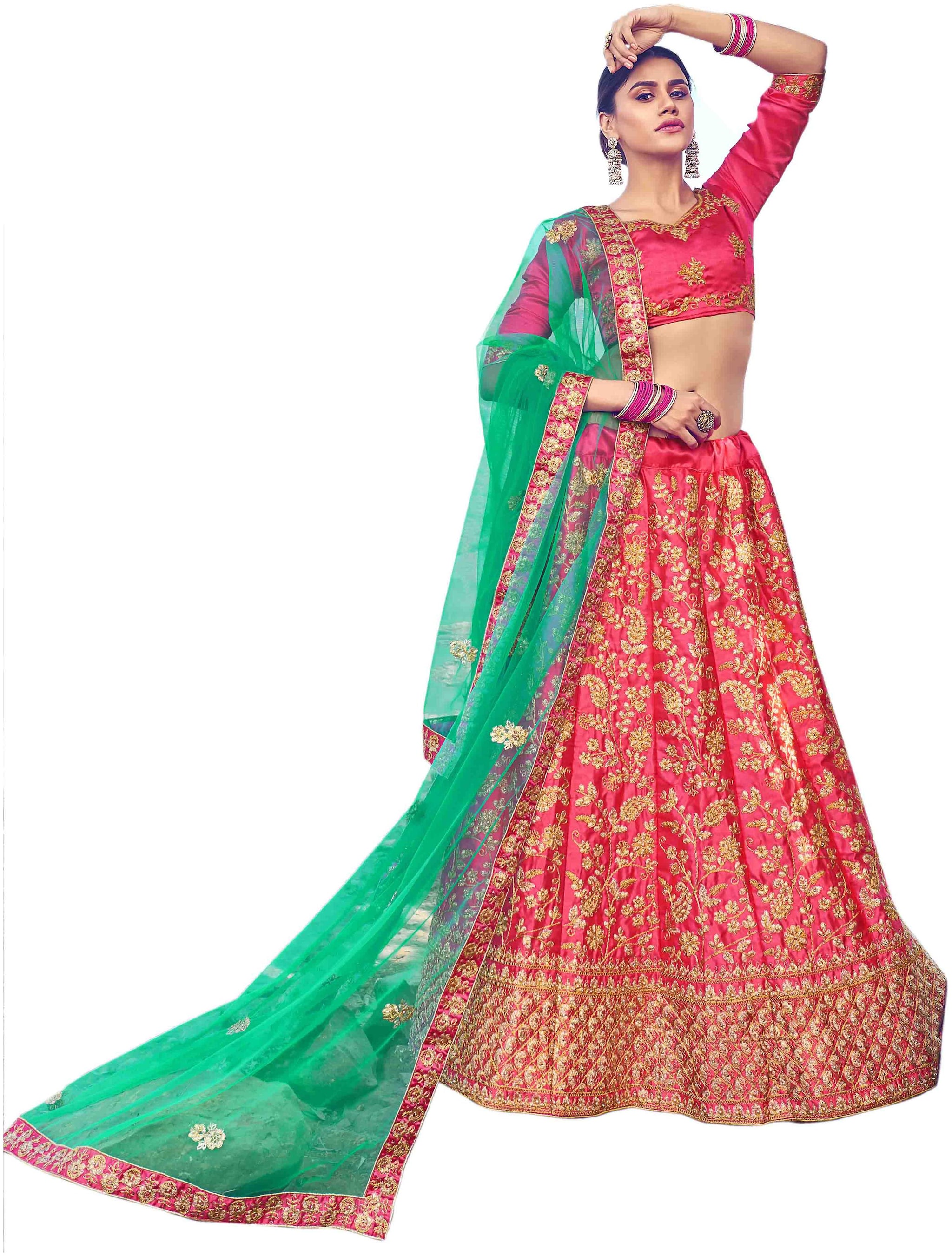 

Manvaa Womens Pink Semi-Stiched Embroidered Sattin Silk Lehenga Choli
