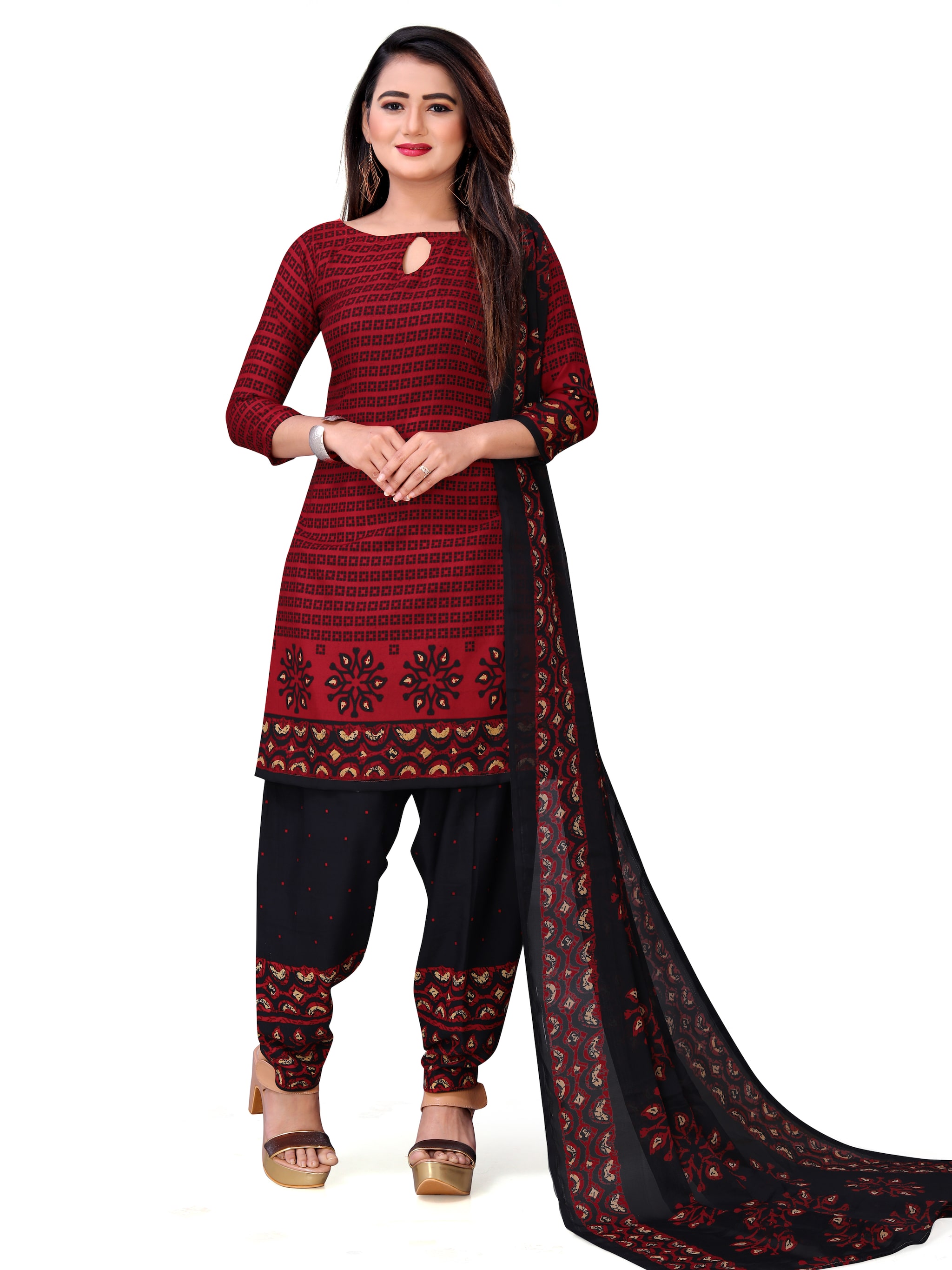 

MANVAA Red Unstitched Kurta with bottom dupatta With dupatta Dress Material
