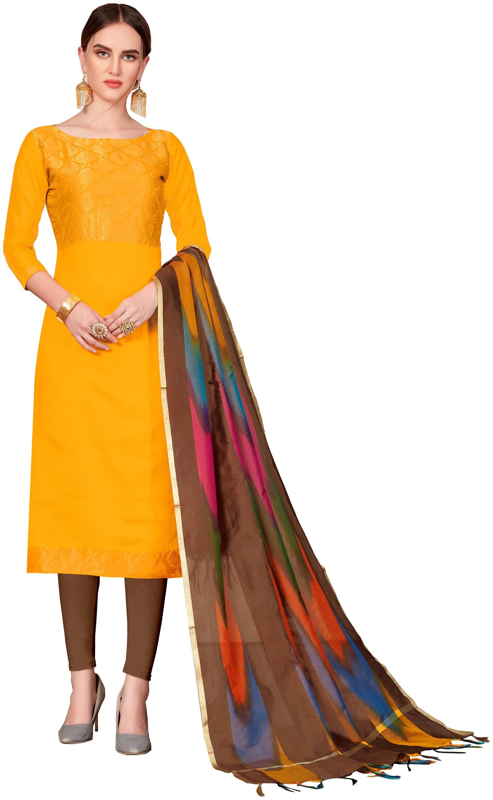 

Manvaa Women Yellow Woven Banarasi Silk Dress Material