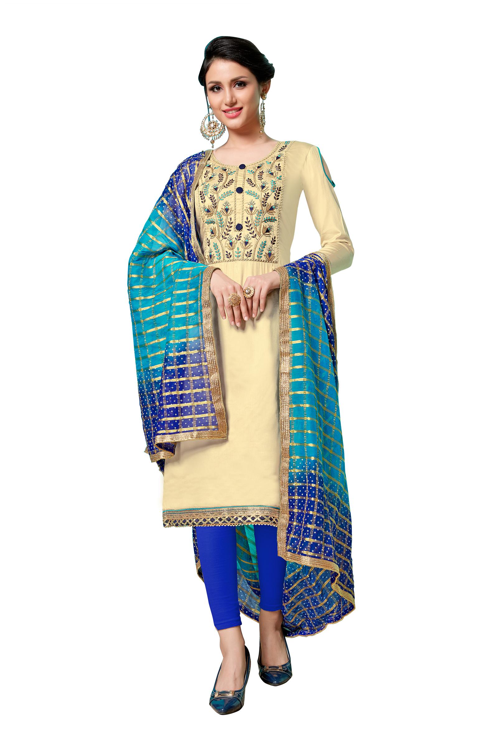 

Manvaa Women Beige Embroidered Cotton Dress Material