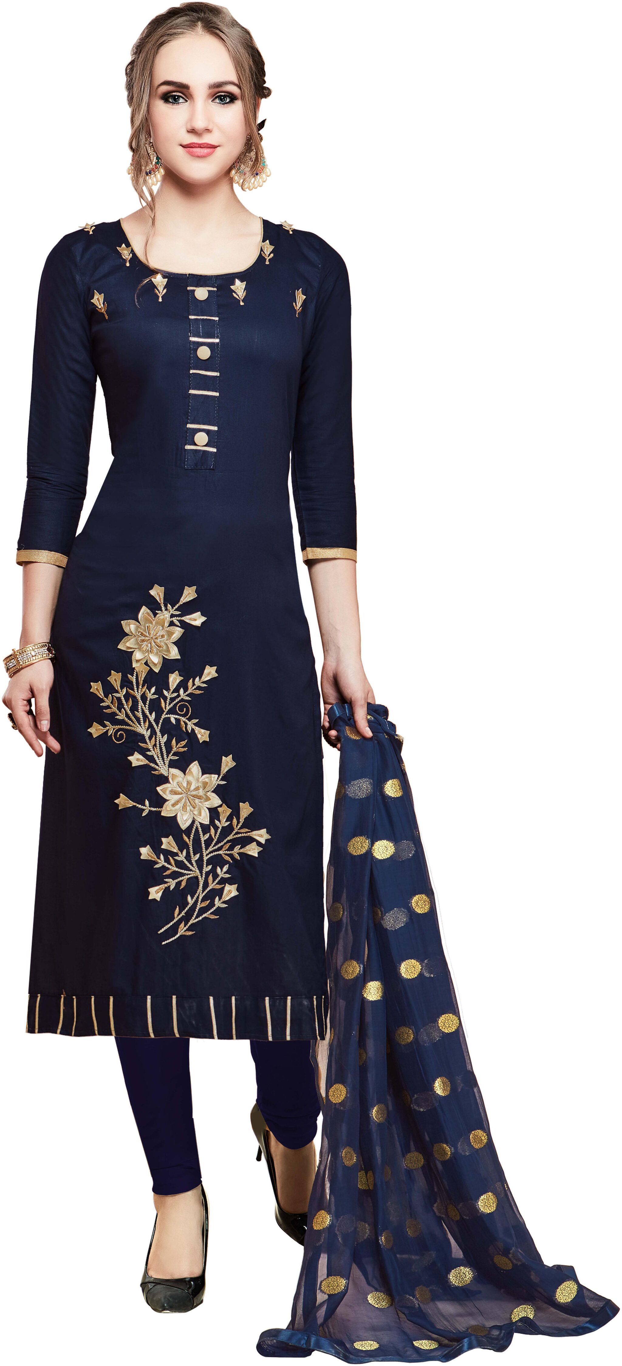 

Manvaa Women Blue Embroidered Cotton Dress Material
