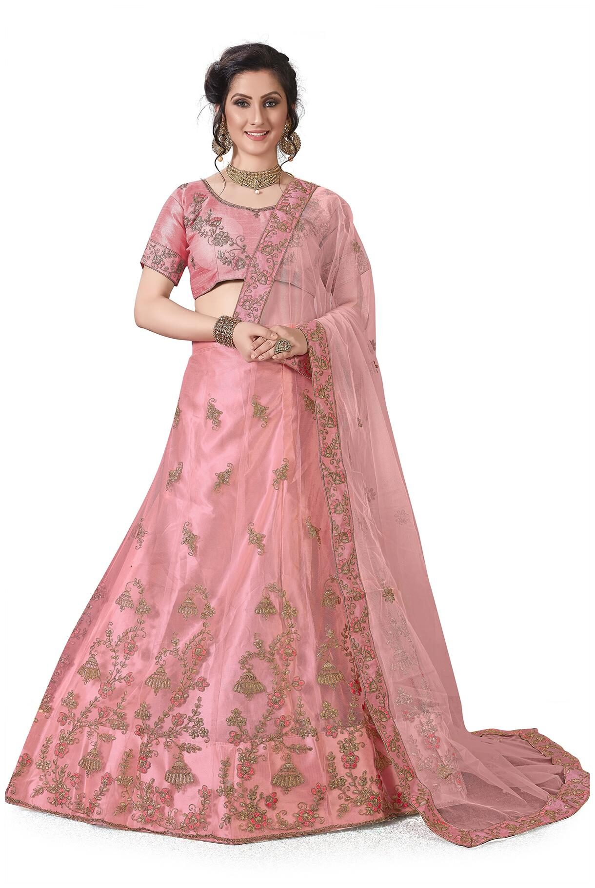 

MANVAA Women Net Semistiched Embroidered Pink Lehenga Choli