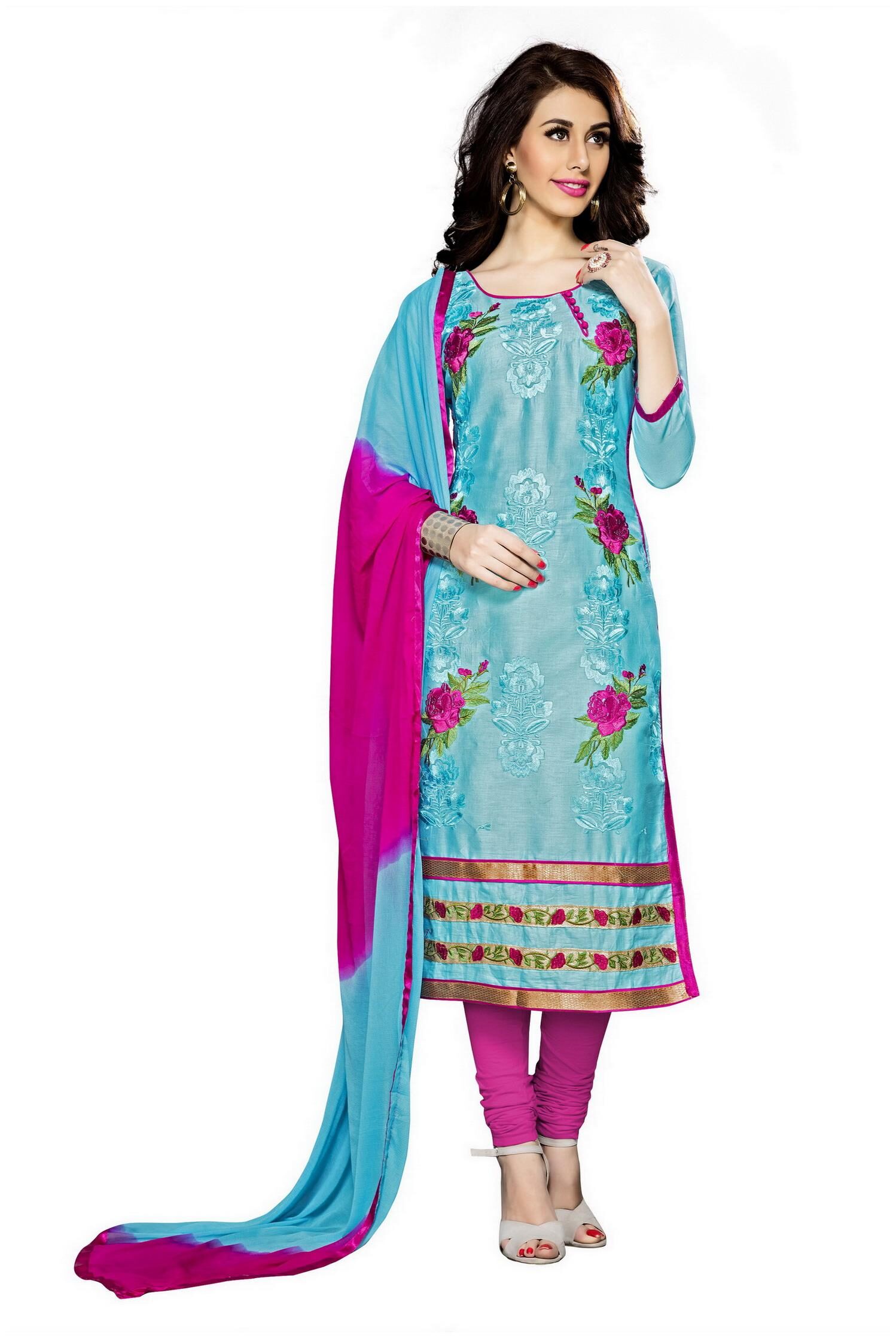 

Manvaa Women Blue Straight Embroidered Cotton Dress Material