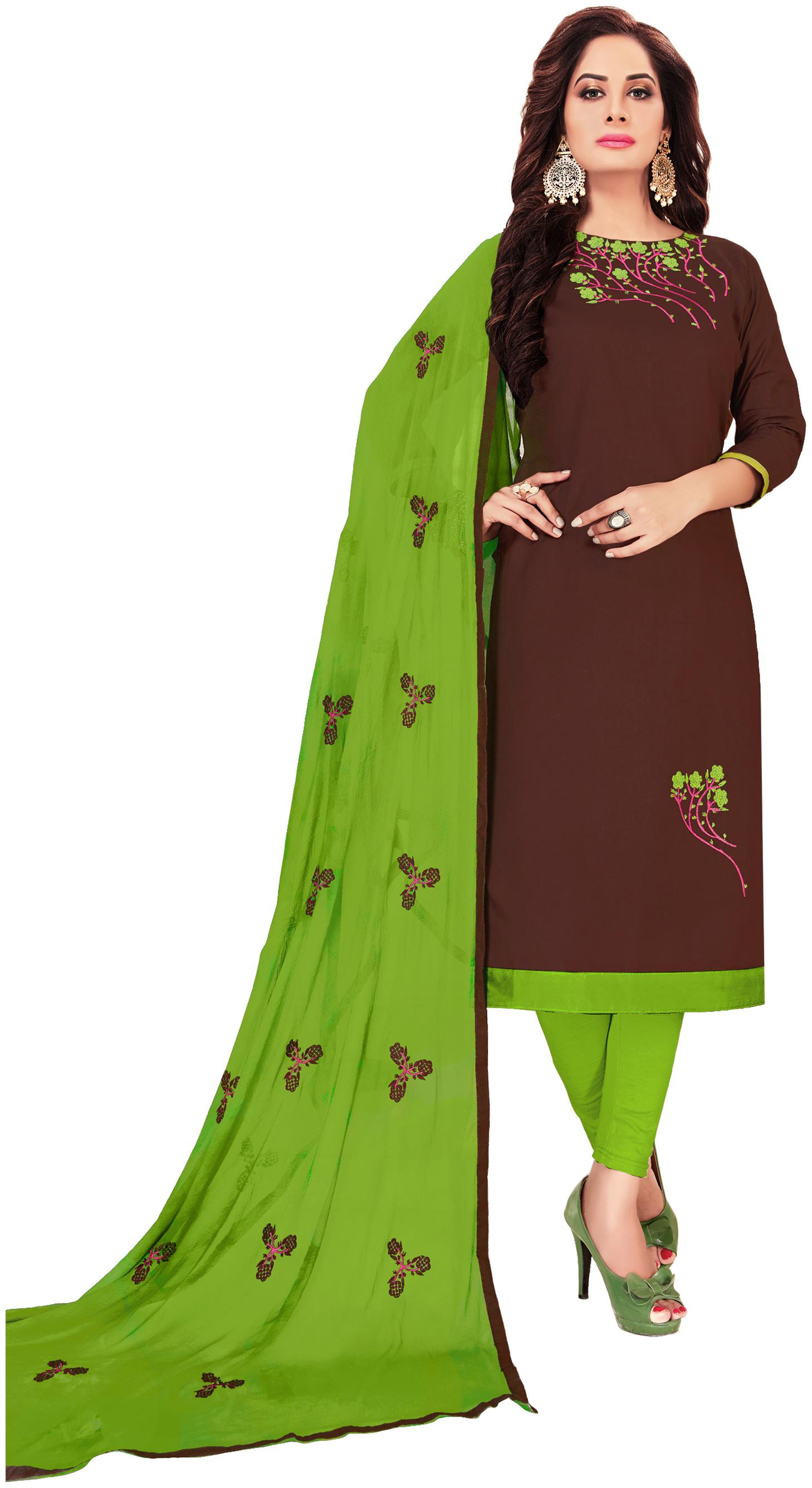 

Manvaa Women Brown Embroidered Cotton Dress Material