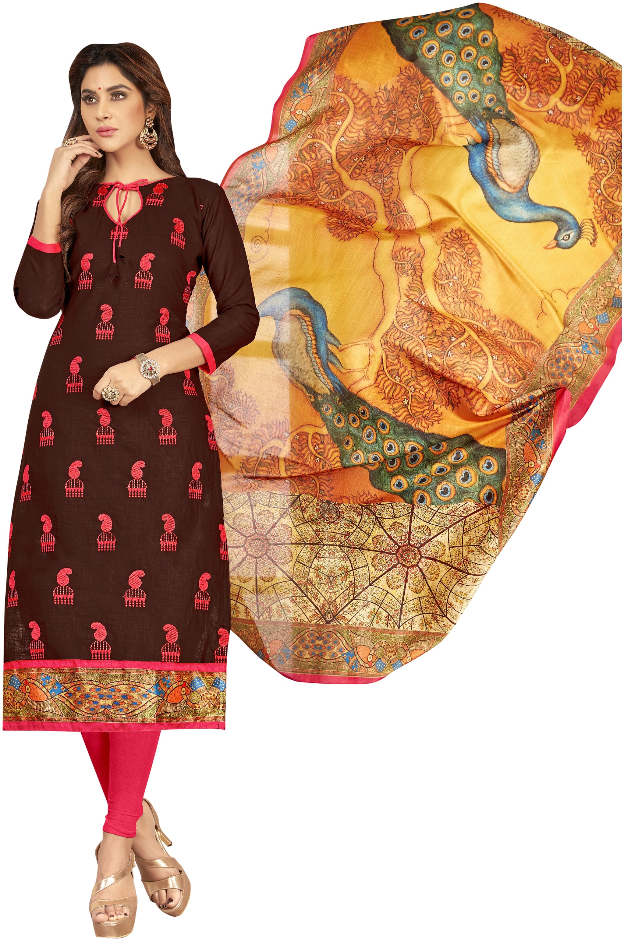

Manvaa Women Brown Embroidered Cotton Dress Material