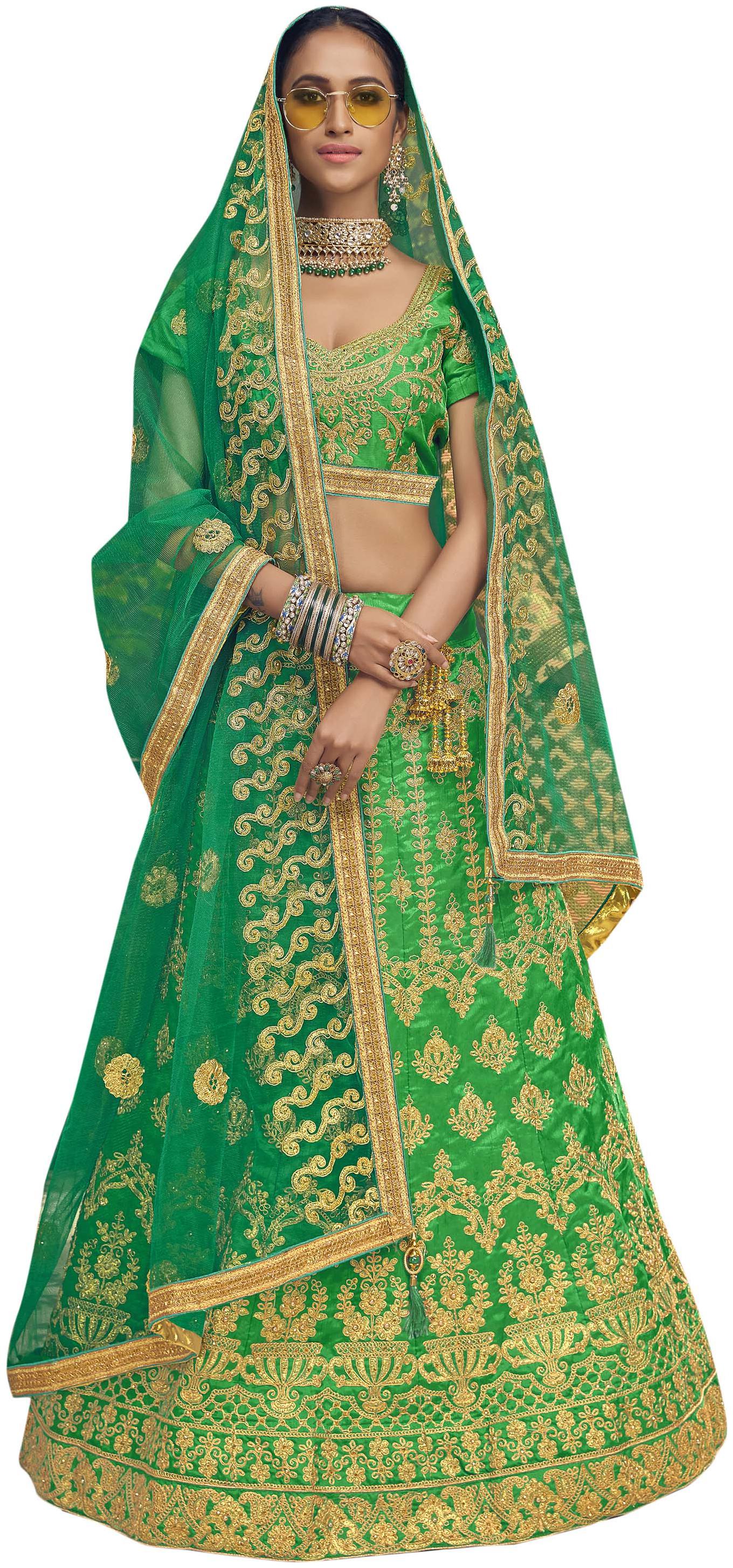 

MANVAA Women Silk Semistiched Embroidered Green Lehenga Choli
