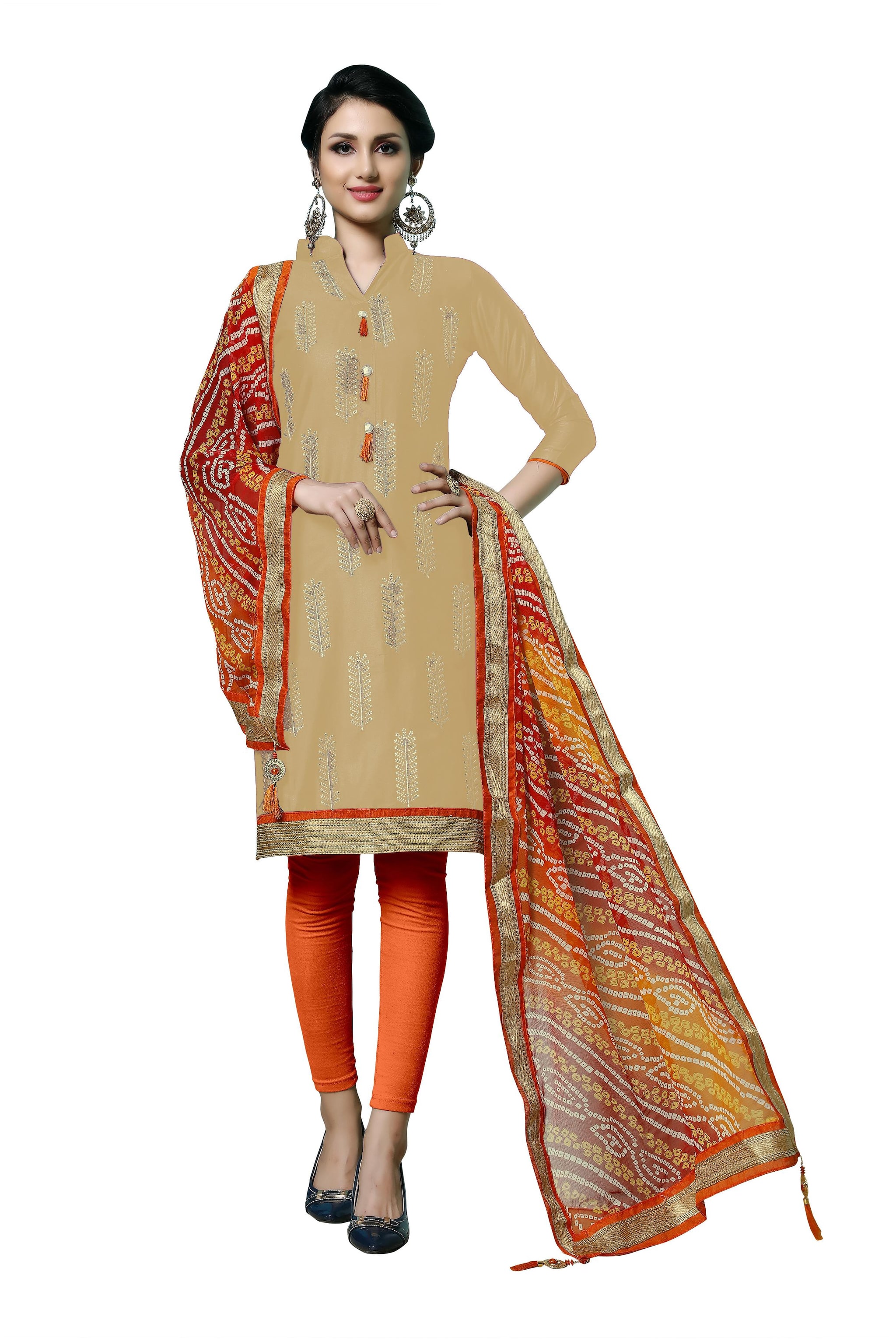 

Manvaa Women Beige Embroidered Cotton Dress Material