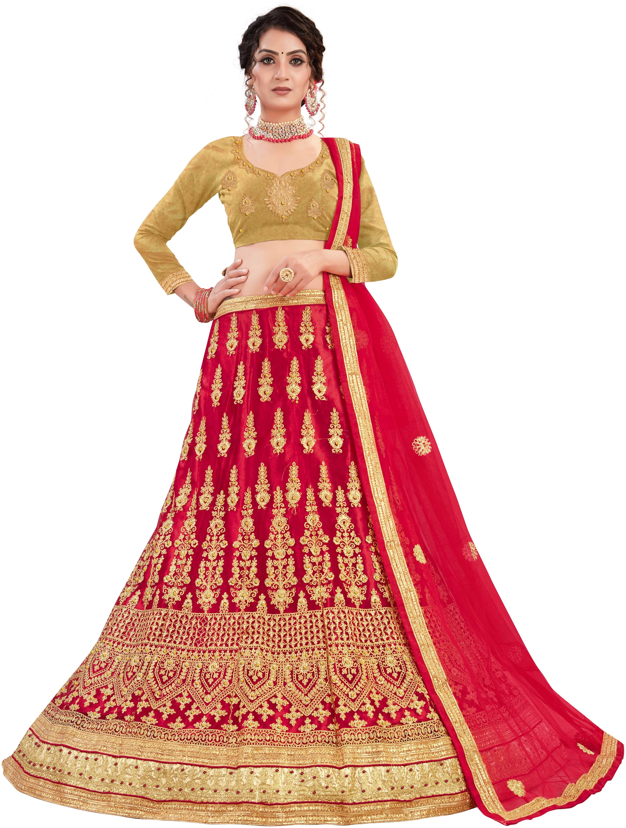 

Manvaa Women Net Semi Stitched Lehenga Choli (Red Gold)