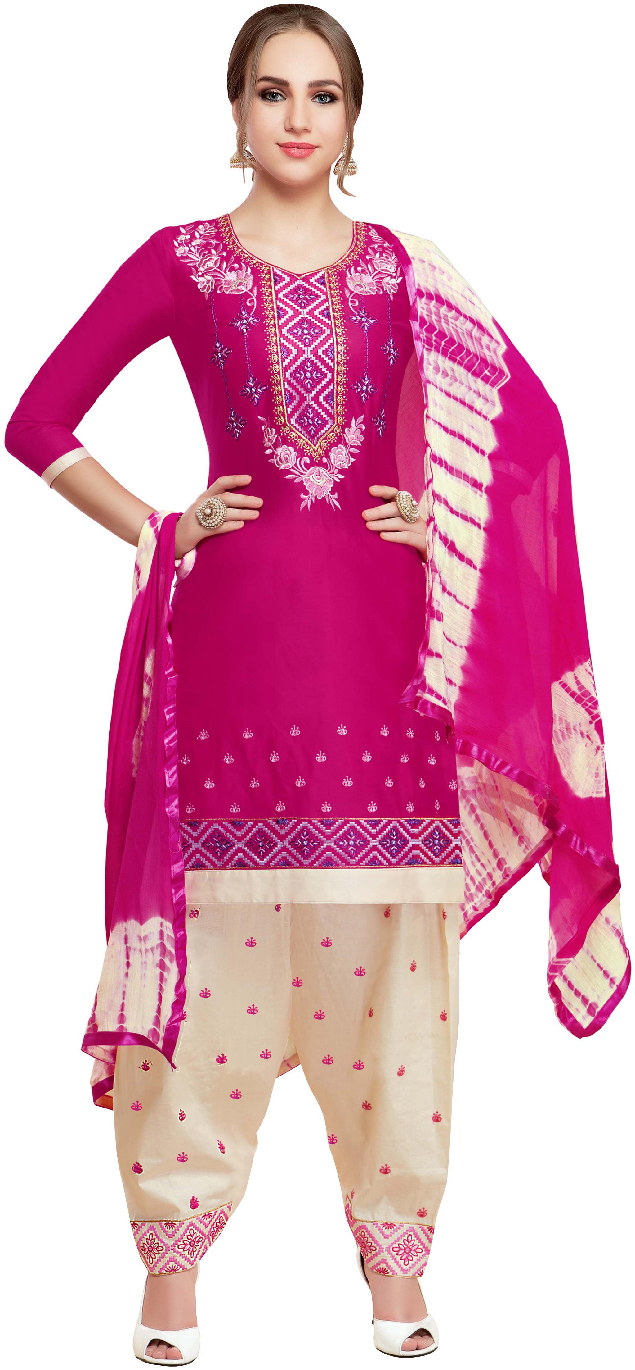 

Manvaa Women Pink Patiyala Embroidered Cotton Dress Material