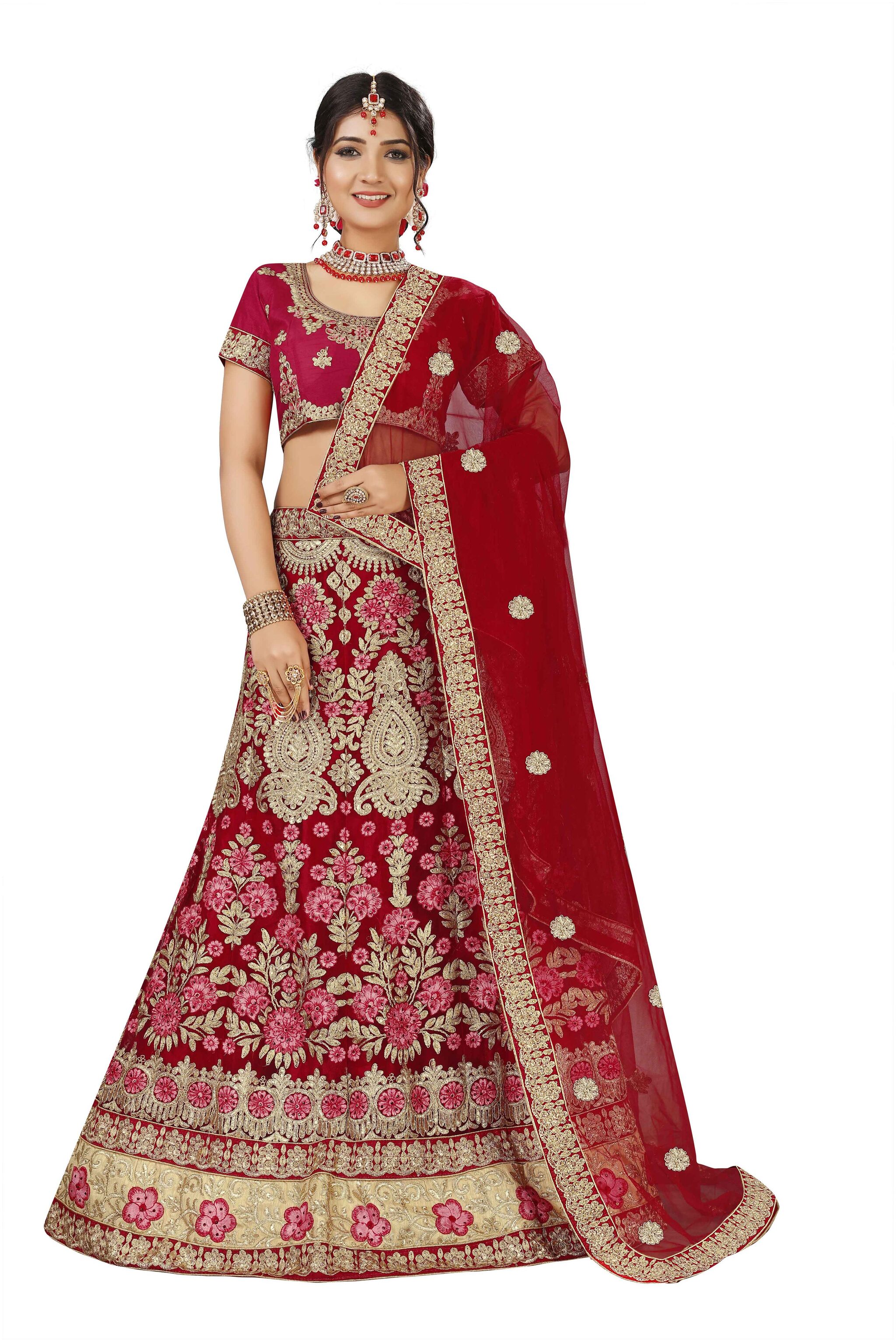 

MANVAA Women Net Semistiched Embroidered Red Lehenga Choli