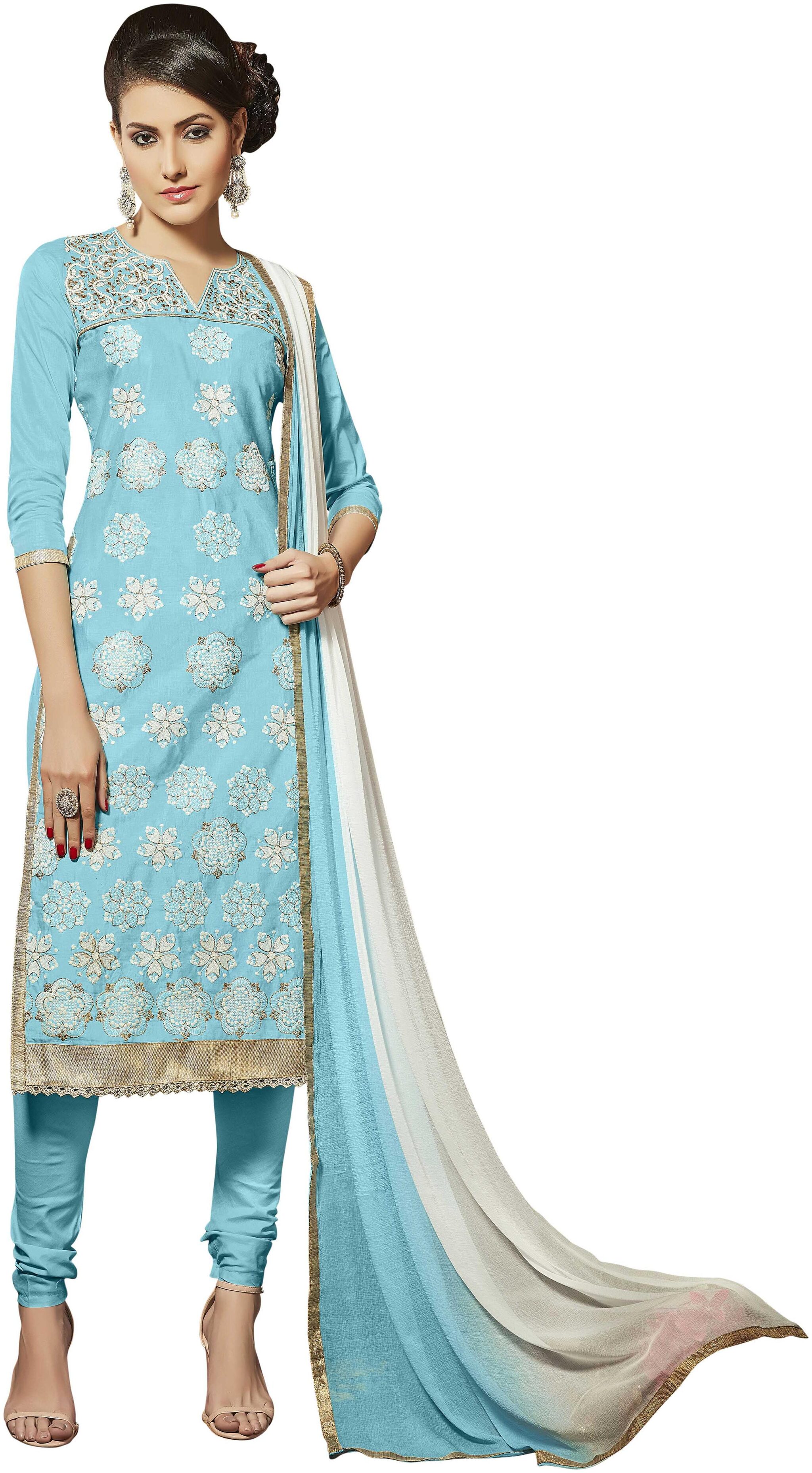 

Manvaa Women Sky Blue Embroidered Cotton Dress Material