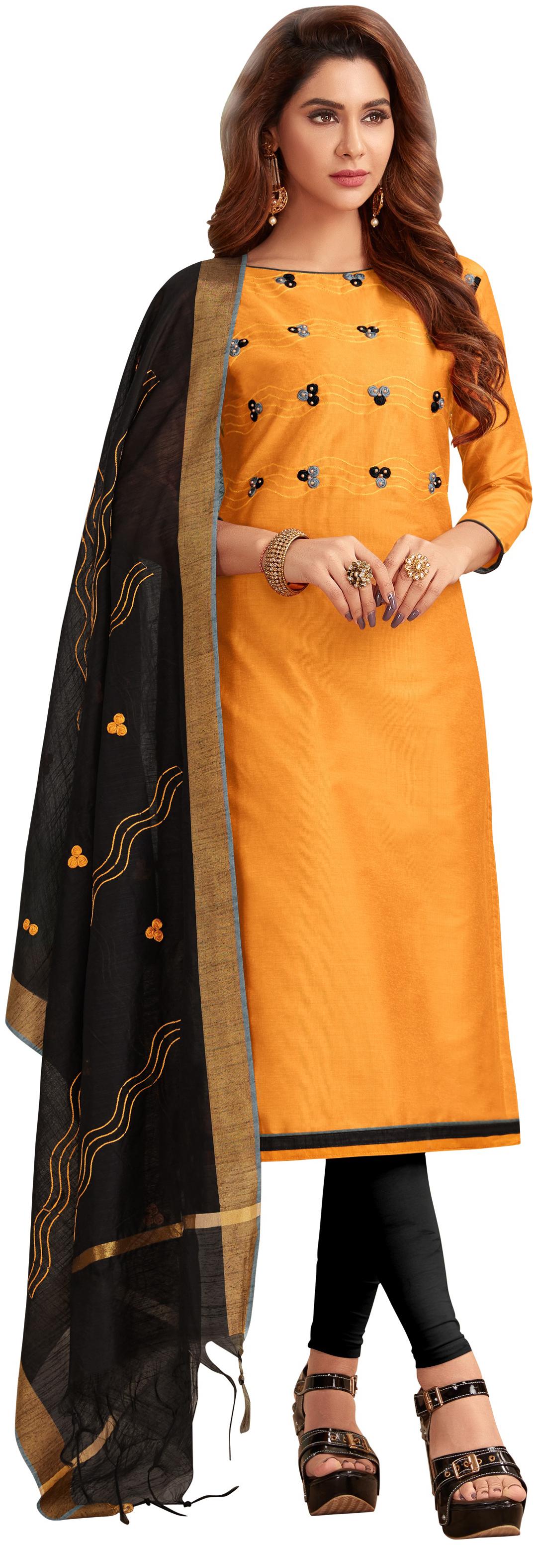 

Manvaa Women Yellow Embroidered Cotton Dress Material