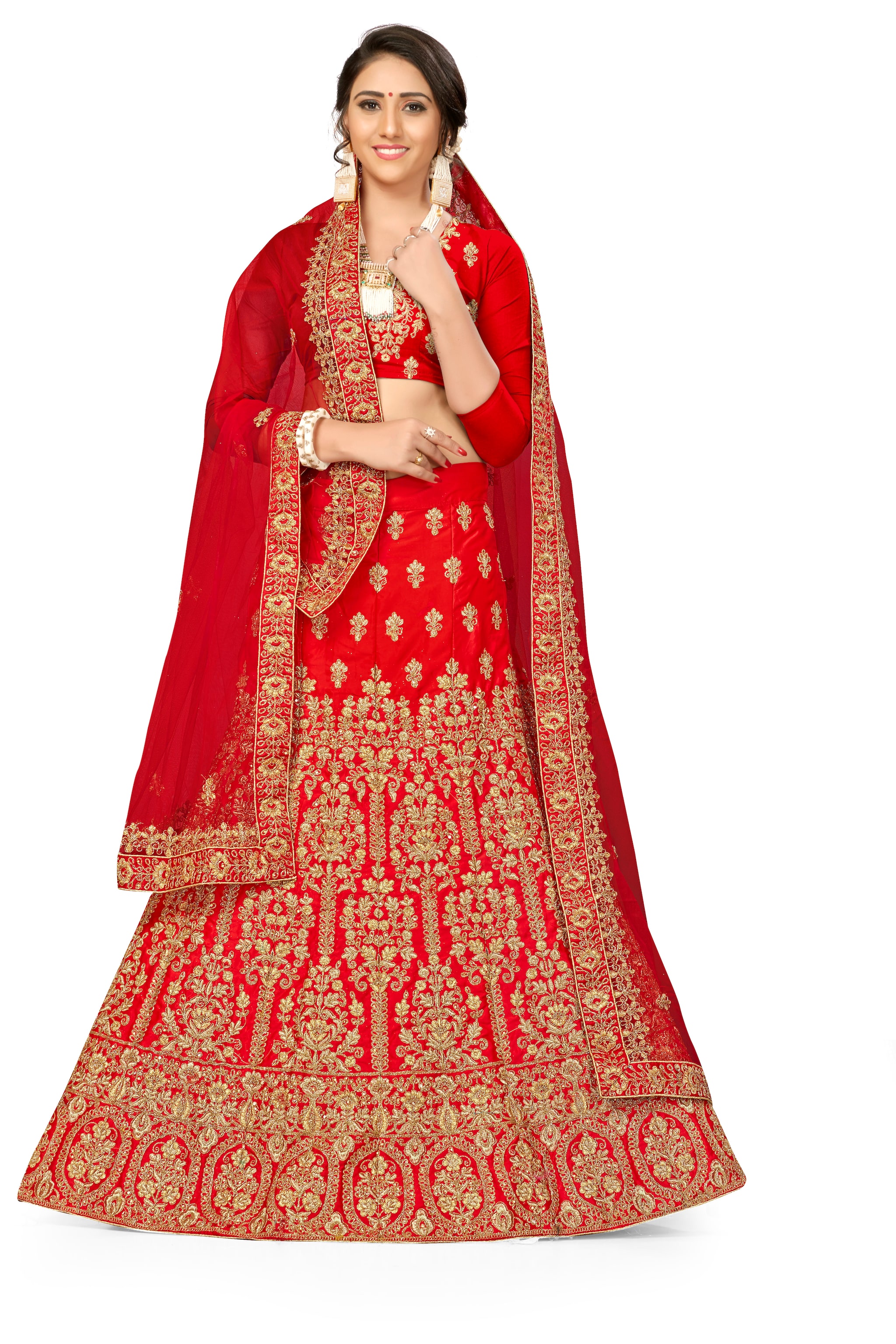 

MANVAA Women Satin Embroidered Red Lehenga Choli