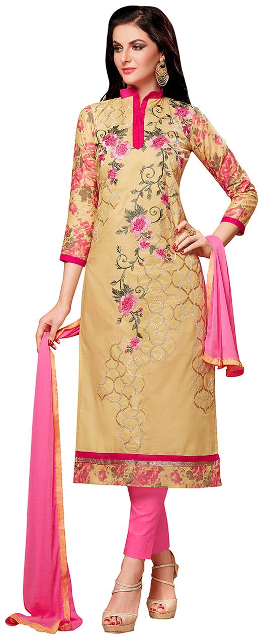 

Manvaa Women Beige Embroidered Cotton Dress Material