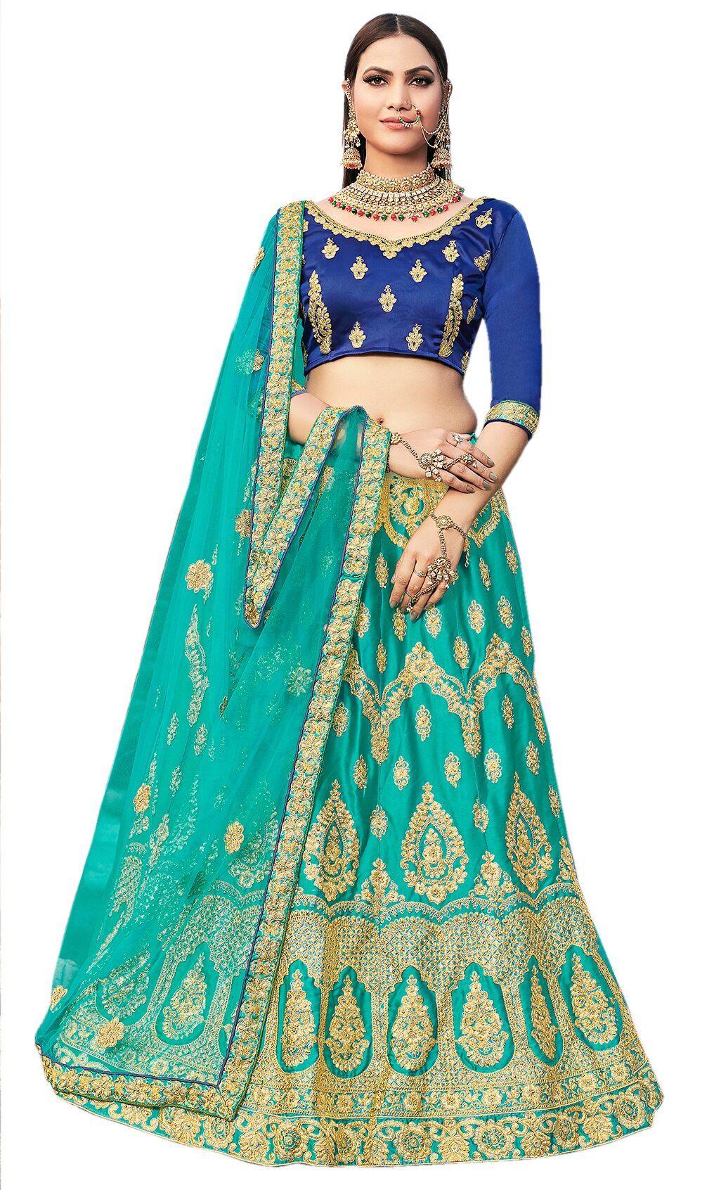 

MANVAA Women Satin Embroidered Green Lehenga Choli