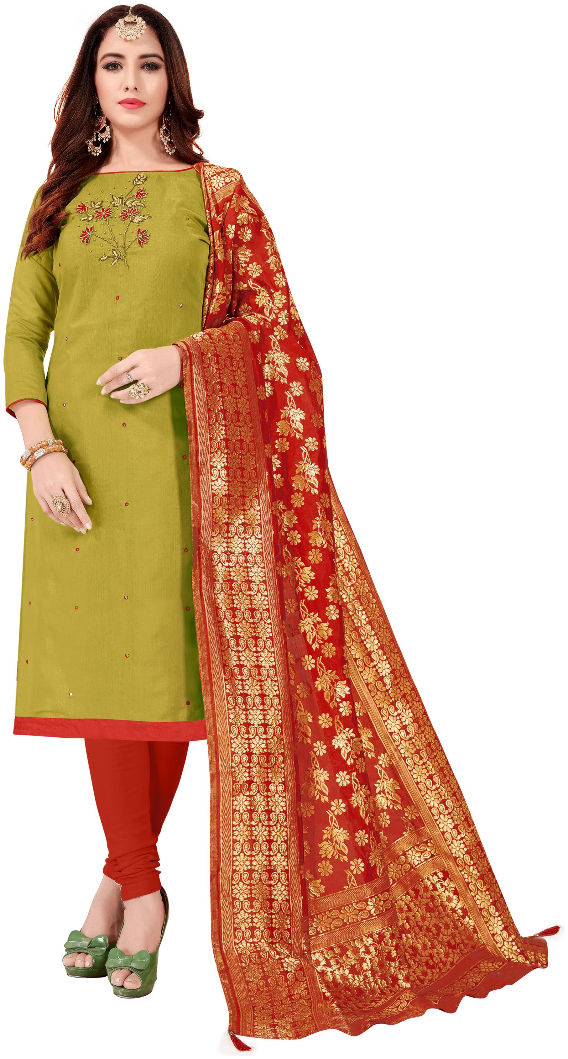 

Manvaa Women Green Embroidered Cotton Dress Material