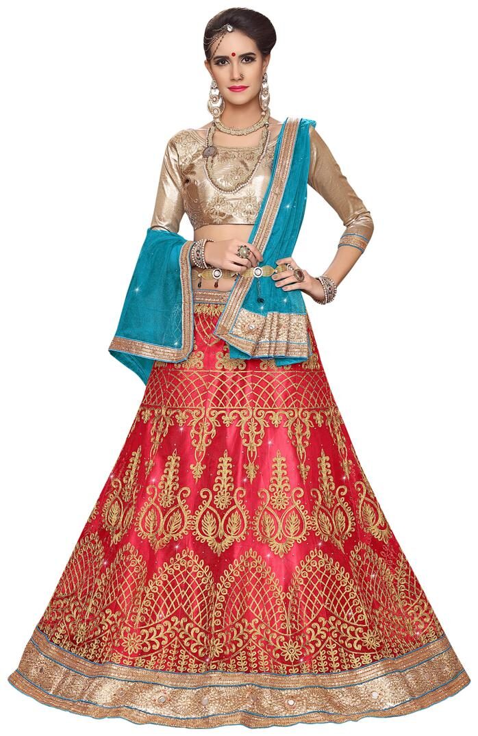 

MANVAA Women Net Semistiched Embroidered Pink Lehenga Choli
