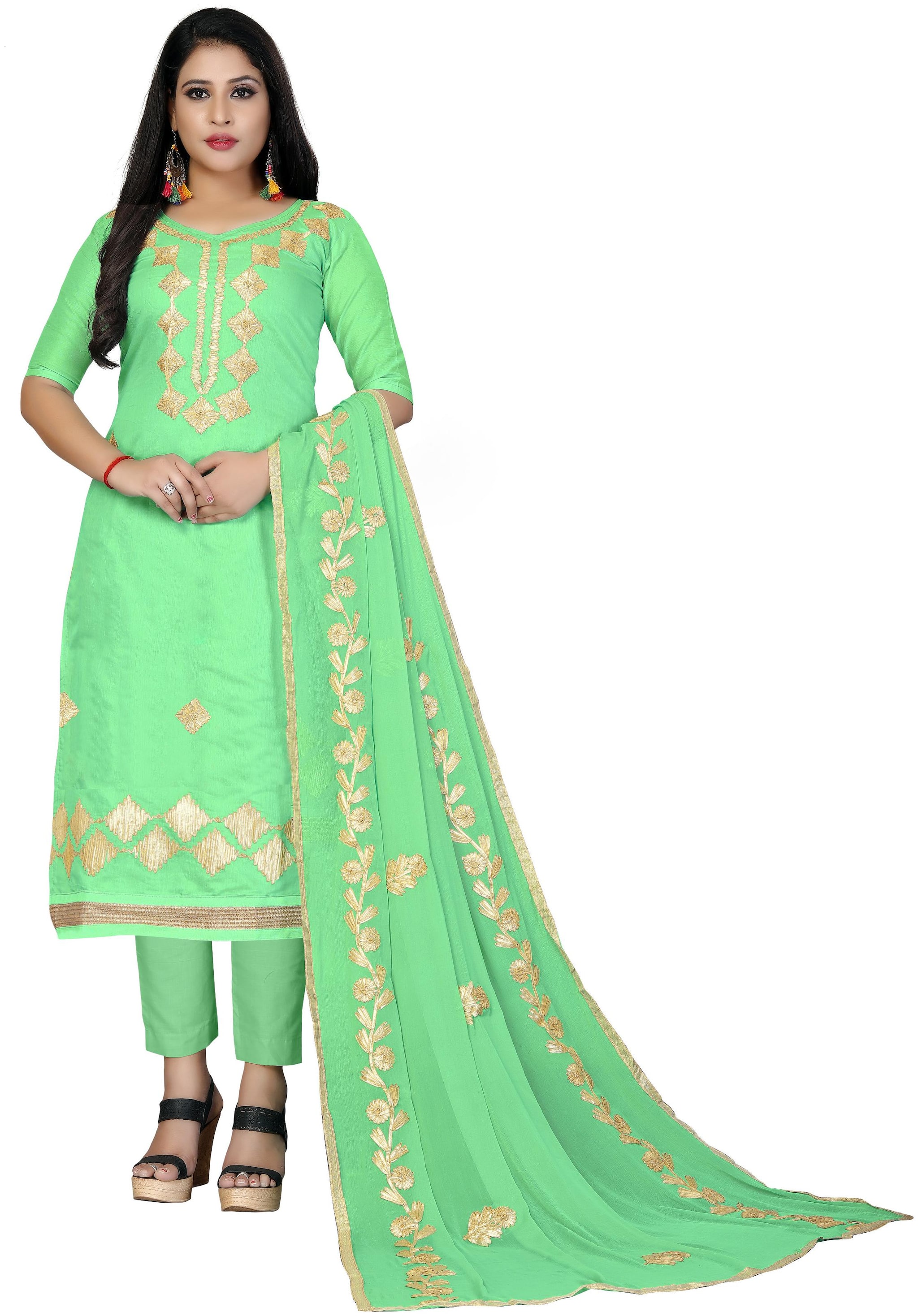 

Manvaa Women Green Embroidered Cotton Dress Material