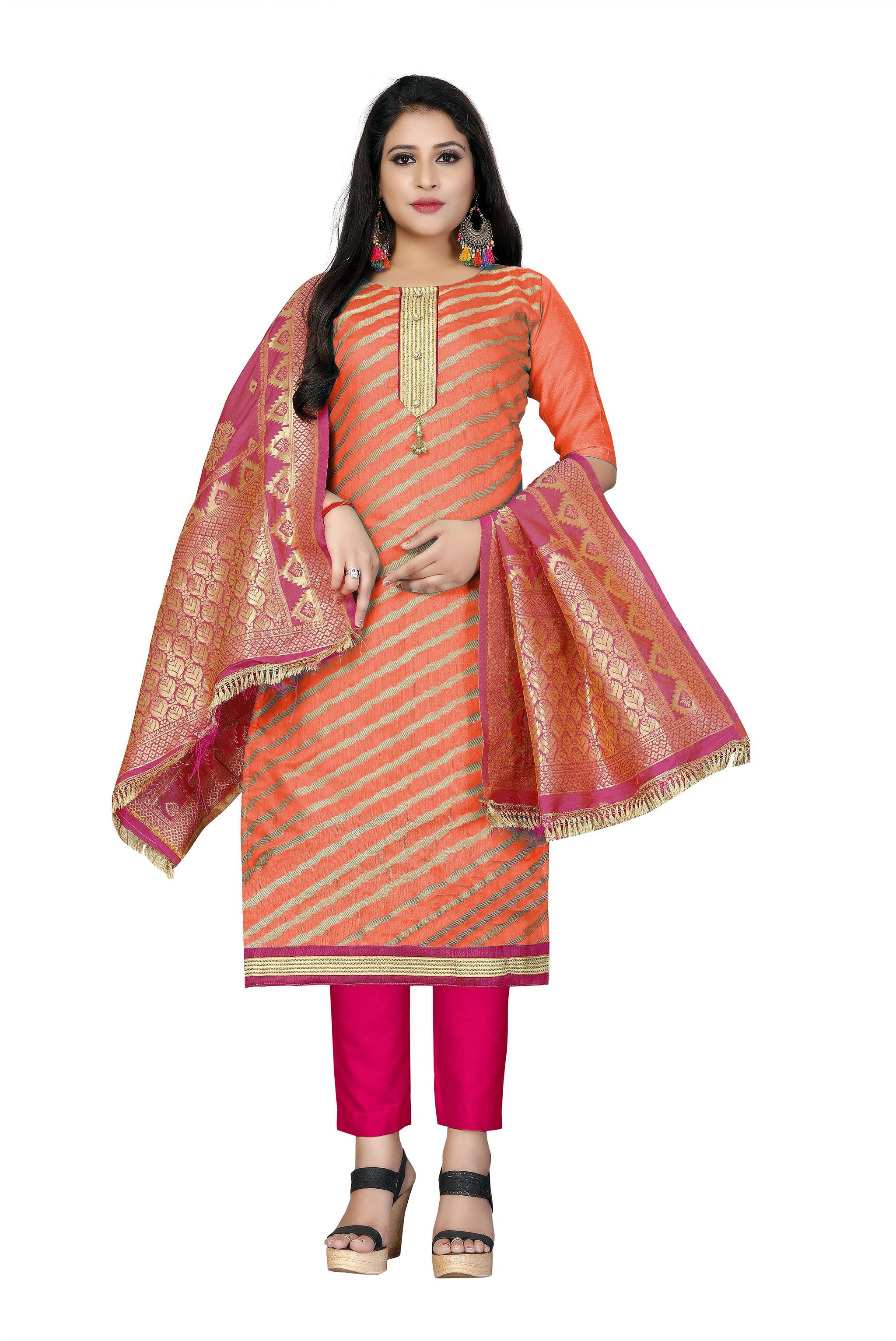 

Manvaa Women Peach Woven Banarasi Jacquard Dress Material
